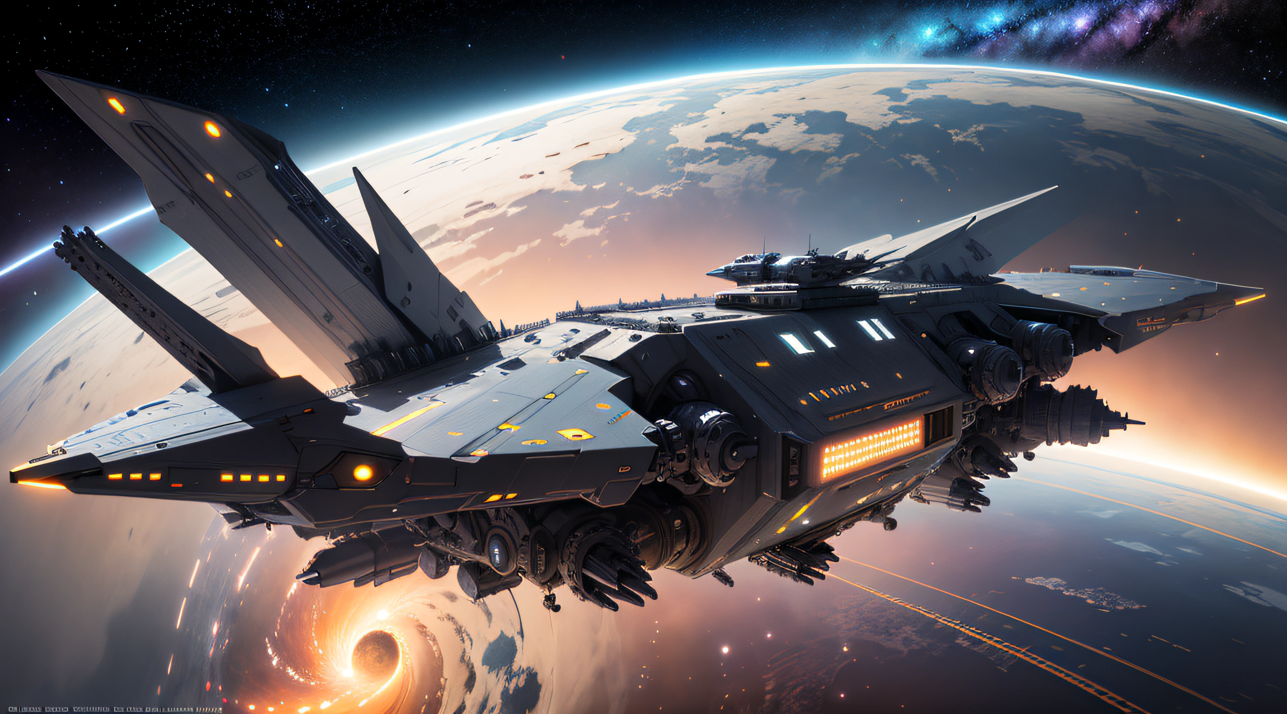 concept -art RetroFuturismAI: Wedge-shaped spaceship, Dark shades, Lots of parts on board, Signs on the body, Superstructure, command post, in space against the backdrop of a spiral galaxy,