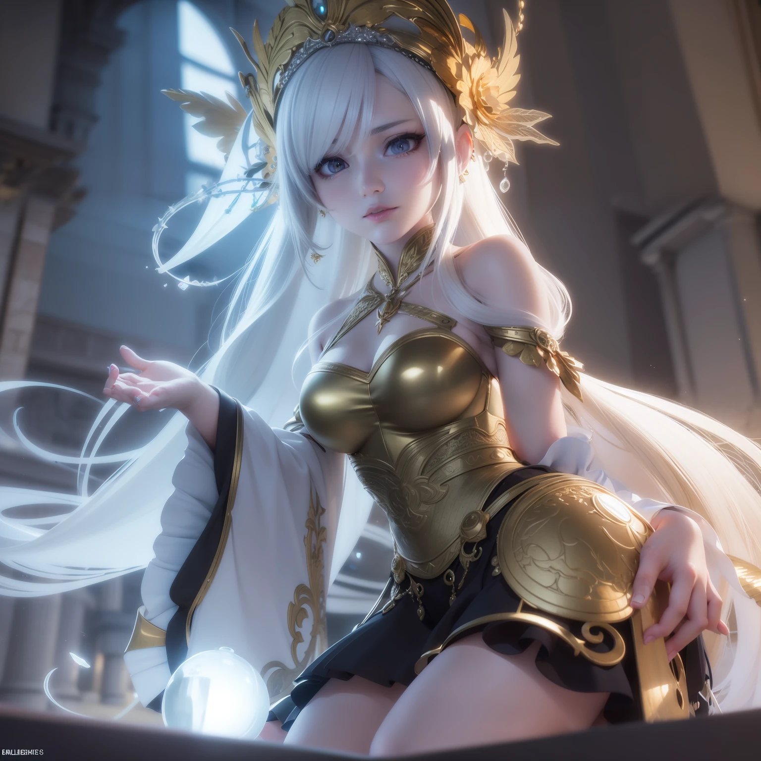 araffierte junge Frau in einem goldenen seidenem bauchfreien Federoutfit, von hellen Lichtern und Funken umgebem, anime goddess, Unreal-Engine-Rendering + a goddess, 3-D-Rendercharakter Kunst 8 K, render of a cute 3d anime girl, Artgerm, 3D-Unreal-Engine, Anime sehr detailliert, 8k hochwertige detaillierte Kunst, Goddess. Extrem hohe Detailgenauigkeit, photorealistic anime girl render, Goddess of Light