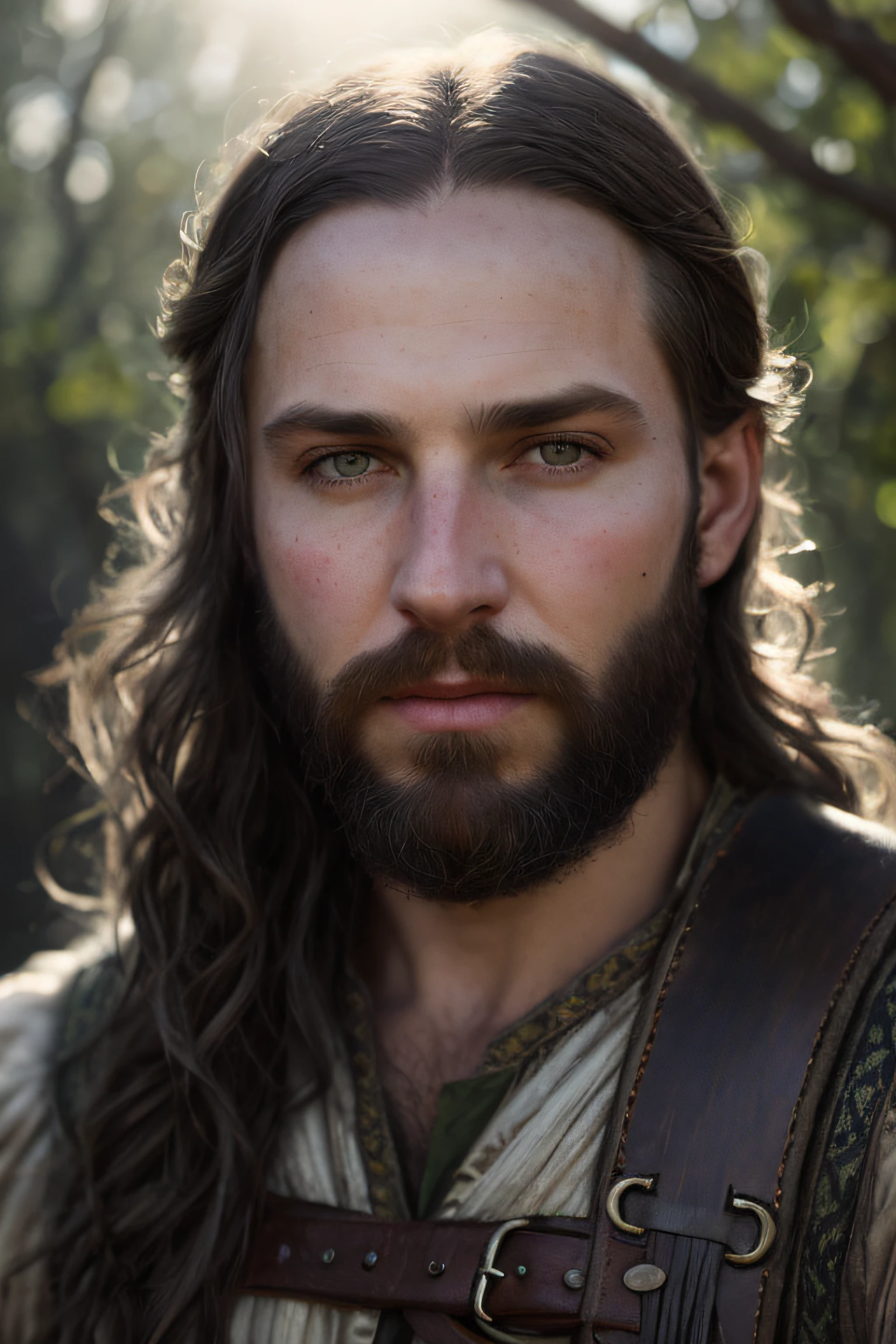 close up portrait of Drew Ray Tanner as a 26 years old fantasy male adventurer, pale skin, very long loose wavy shabby black hair parted in the middle, incredible grey eyes, long arched eyebrows, short beard, fantasy adventurer clothes, intense look, fascinating, slim and athletic, in a big medieval city, (backlighting), realistic, masterpiece, highest quality, lens flare, shade, bloom, [[chromatic aberration]], by Jeremy Lipking, by Antonio J. Manzanedo, digital painting