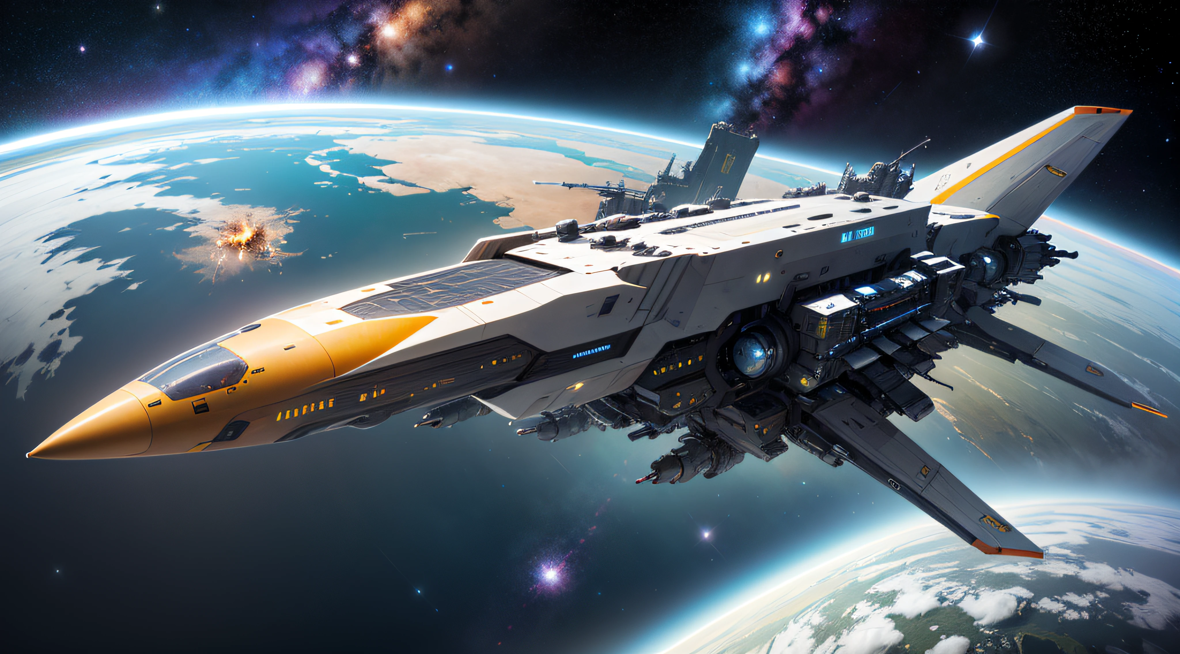 concept -art RetroFuturismAI: Wedge-shaped spaceship, Dark shades, Lots of parts on board, Signs on the body, Superstructure, command post, in space against the backdrop of a spiral galaxy,