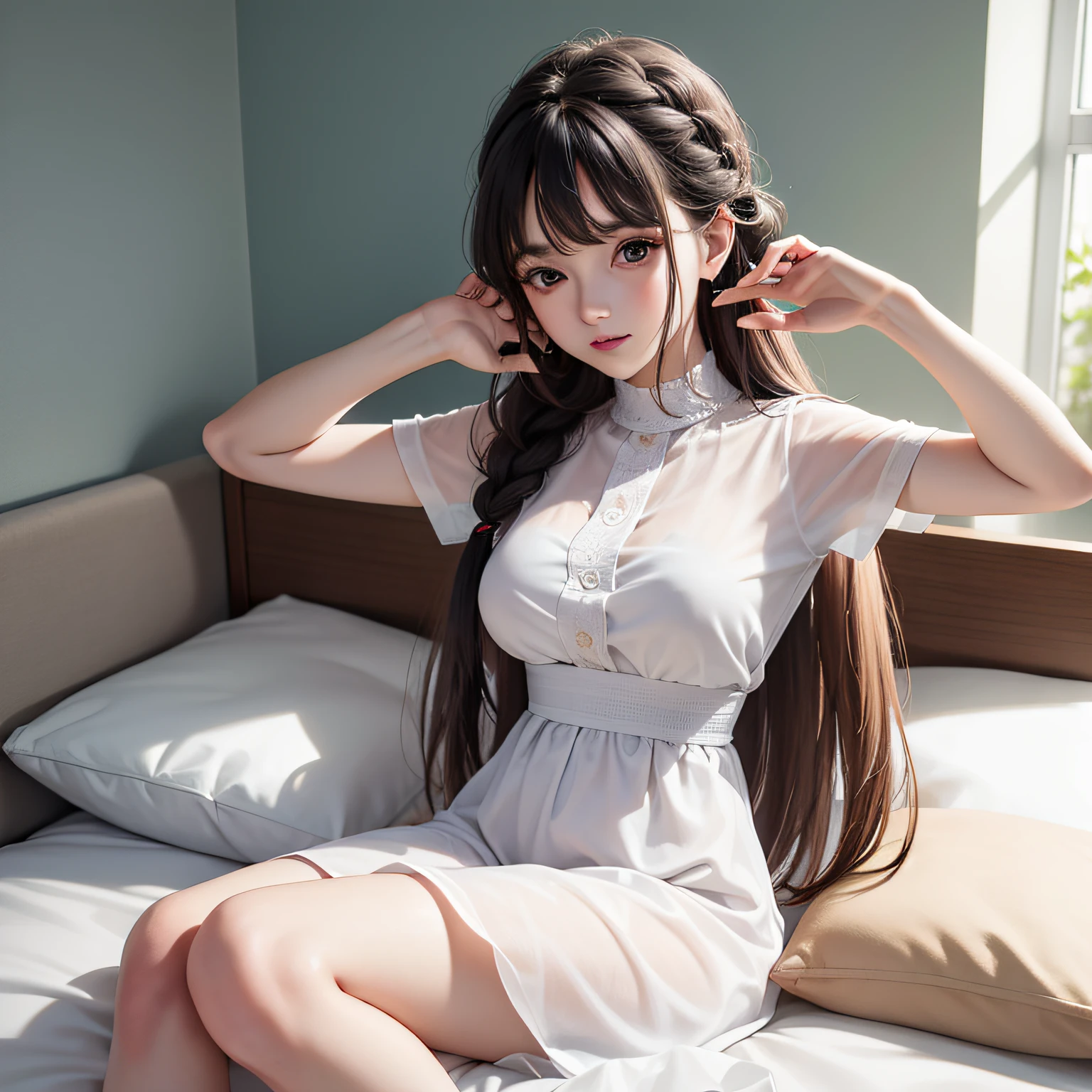 cabelos azuis longos cacheados, Braided hairstyle, Dormir na cama, natural lightting, cor RAW, usando vestido curto de noite, 8k, ilustrador, master part, alta qualidade, 8k, high resolution, alto detalhamento, visible and excited nipples