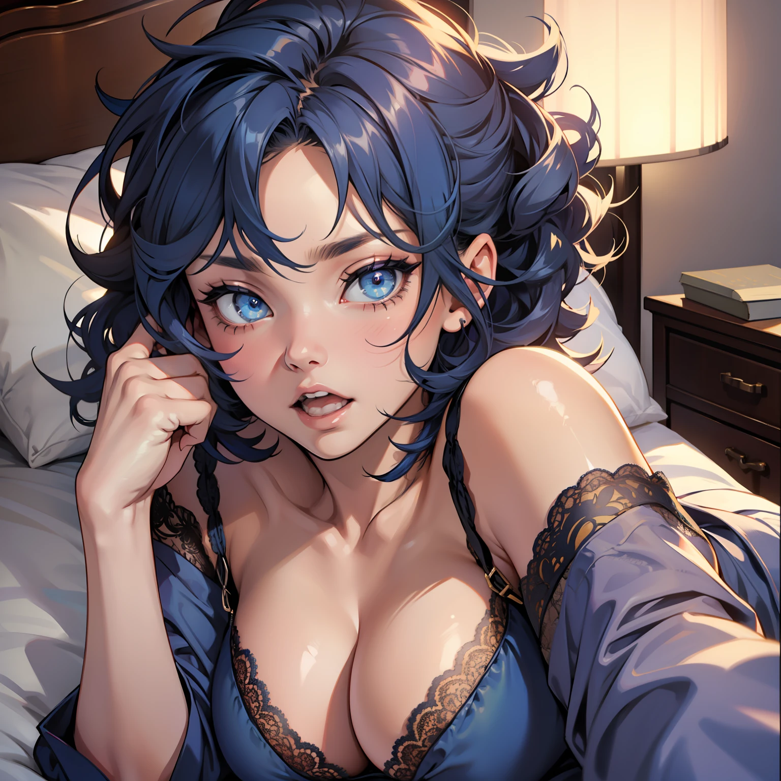 Beautiful female, blue eyes, blue curly hair, chubby, ecstasy expression, big boobs, short hair, navy pajamas, lace, laying on bed, ecstacy, pleading eyes
