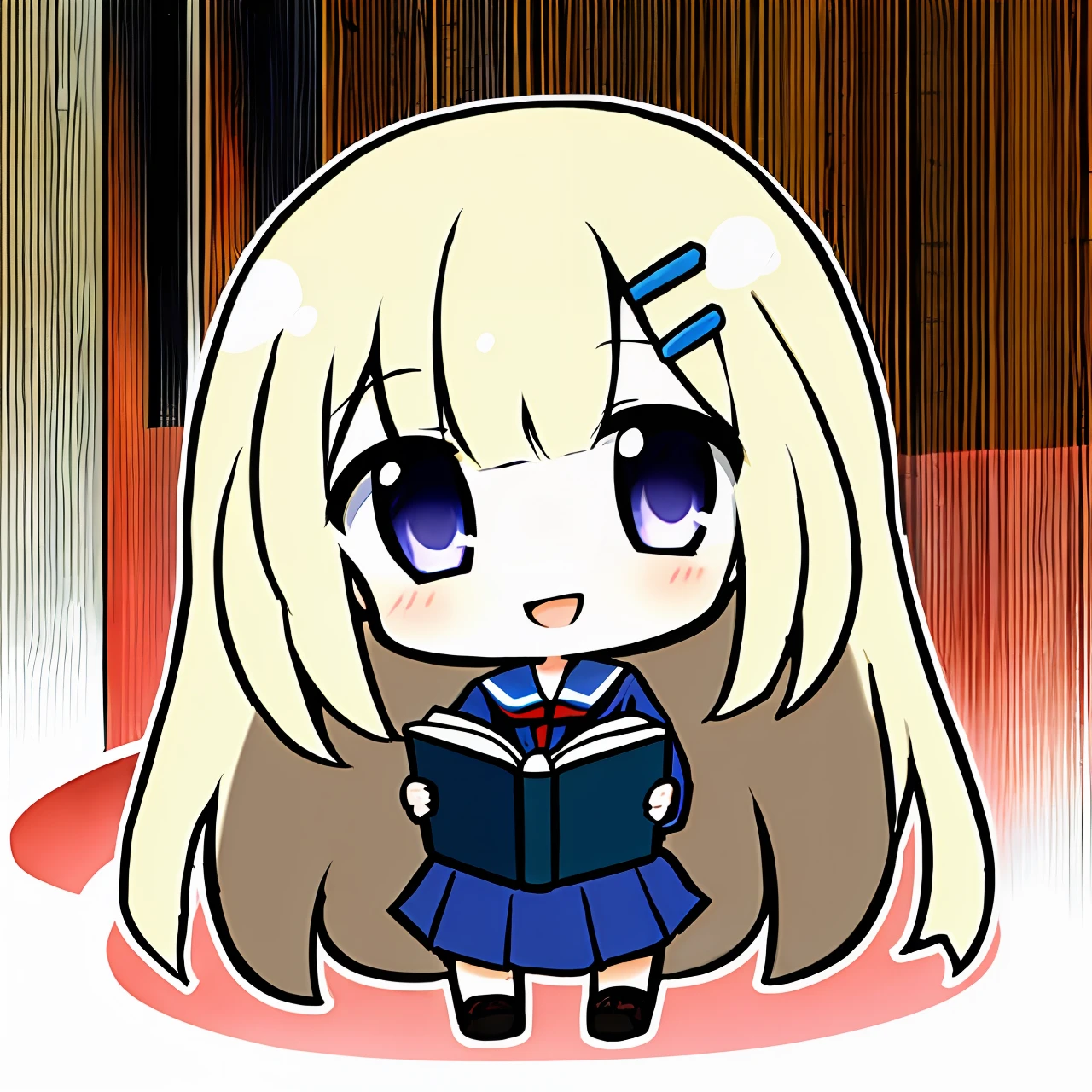 1girl,cabelos pretos, fita de cabelo,uniforme escolar vermelho, palm,Sorriso leve,corar,Shiori,corpo inteiro,Chibi,livro,fundo simples, fundo branco,