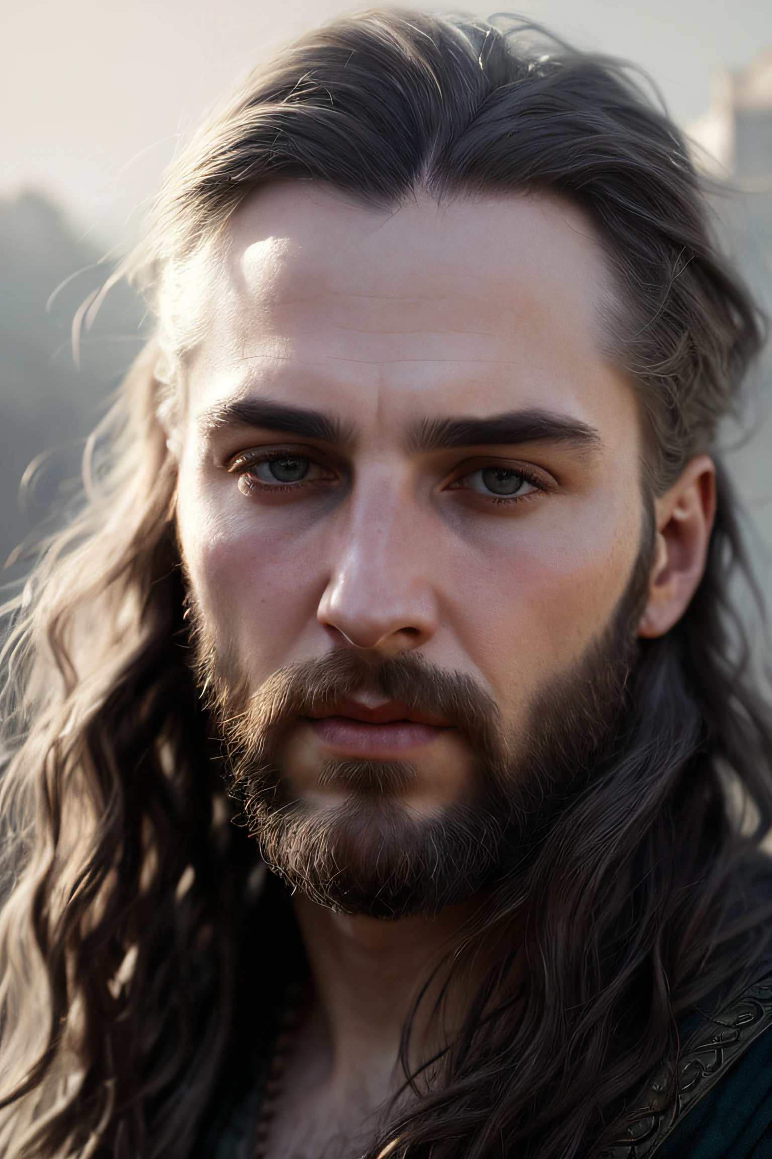 close up portrait of a 26 years old fantasy male, pale skin, very long loose wavy shabby black hair parted in the middle, incredible grey eyes, long arched eyebrows, short goatee, fantasy clothes, intense look, fascinating, slim and athletic, young, in a big medieval city, (backlighting), realistic, masterpiece, highest quality, lens flare, shade, bloom, [[chromatic aberration]], by Jeremy Lipking, by Antonio J. Manzanedo, digital painting