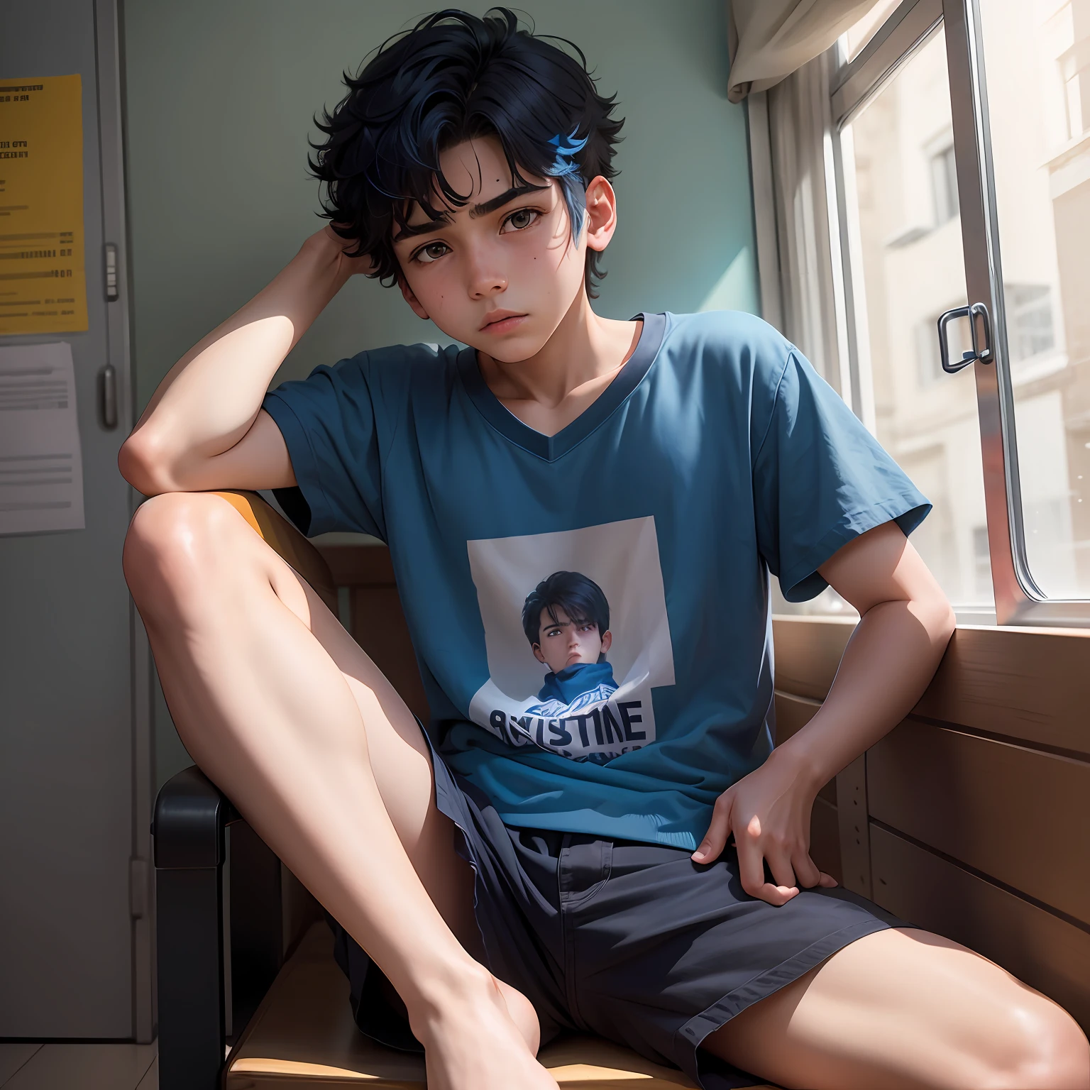 15-year-old male boy, su cabello es lacio y de color azul, esta de perfil obserba triste desde la zotea de un colegio internado una ciudad a lo lejos --auto