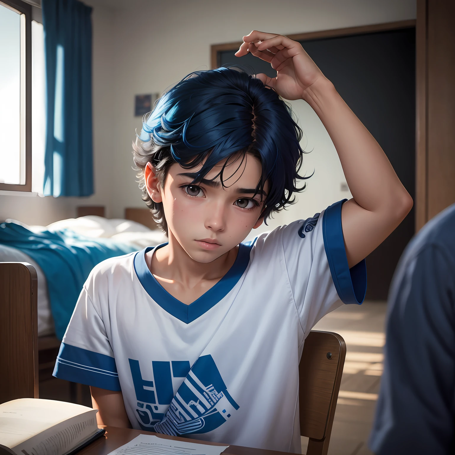 15-year-old male boy, su cabello es lacio y de color azul, esta de perfil obserba triste desde la zotea de un colegio internado una ciudad a lo lejos --auto