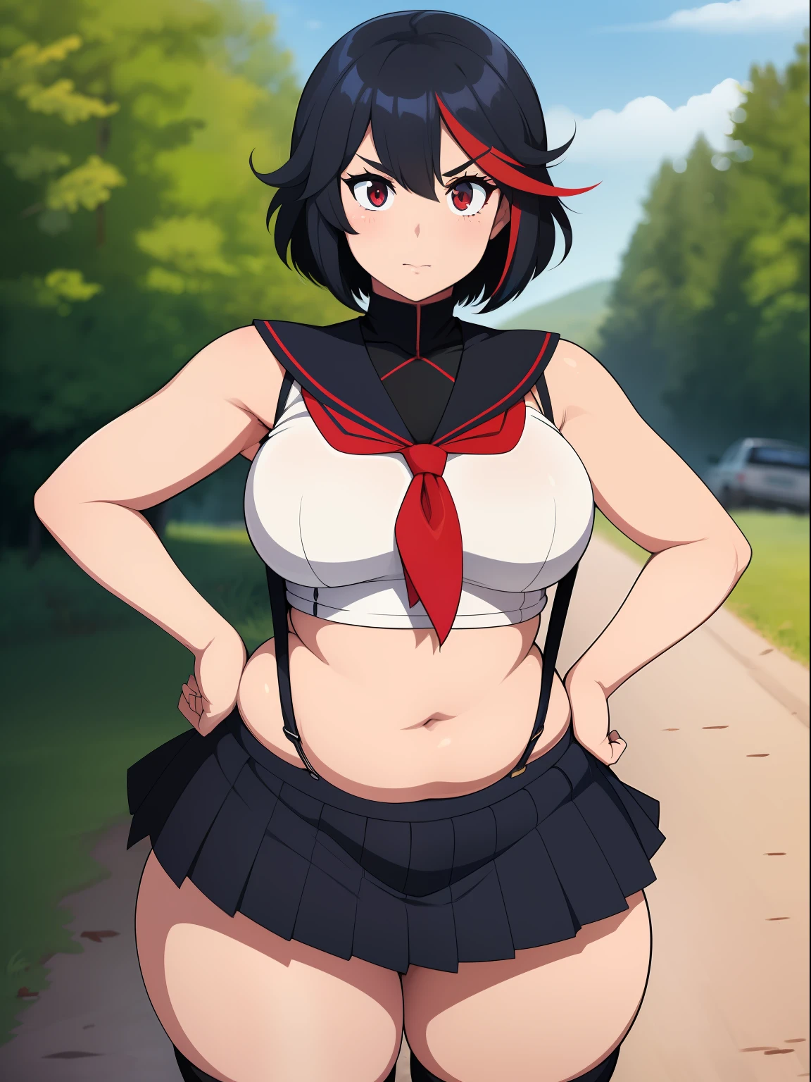 ((kipteitei art)), ((masterpiece)), (((best quality))), ((ultra-detailed)), (((illustration))), detailed face, ultra cute face, detailed body, ((1girl)), ((solo)), matoi_ryuuko:1.3, black hair, fluffy hair, suspenders ,multicolored hair, skirt, short_hair ,red hair, serafuku, streaked hair, midriff, senketsu, pleated skirt, full body, hand on hip, looking at viewer, cowboy shot, medium breasts, perky breasts, (wide hips), ((thick thighs)), pudgy, belly hang, fit, country side, dirt road