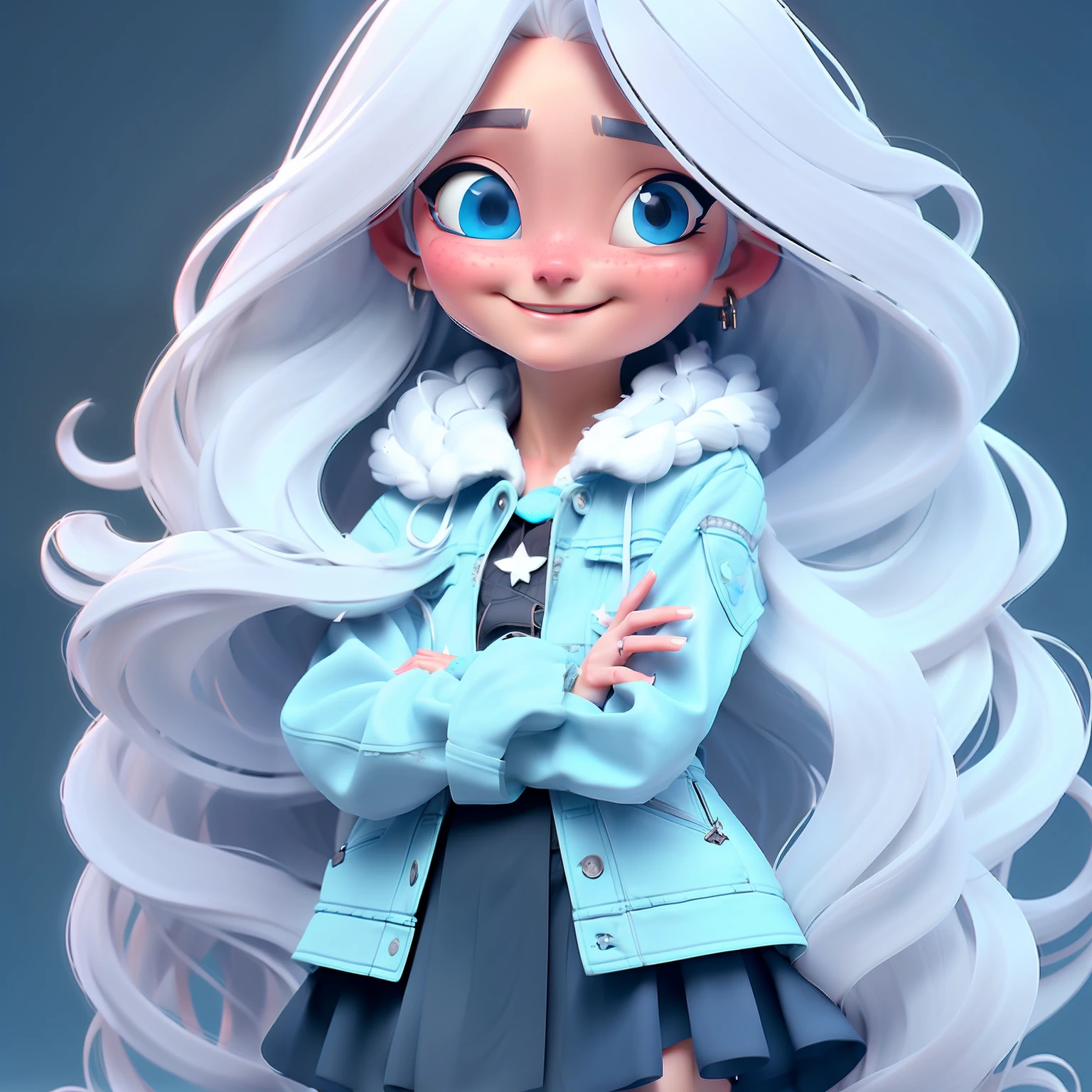 1girl, long hair, freckles, blue eyes, earrings, jewelry, solo, skirt, looking at viewer, crossed arms, white hair, smile, very long hair,star hair ornament, jacket, lips, simple background