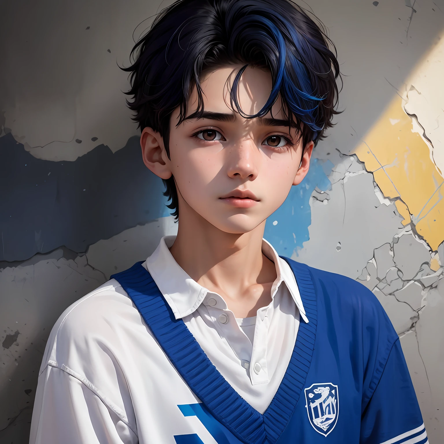 15-year-old male boy, su cabello es lacio y de color azul, esta de perfil obserba triste desde la zotea de un colegio internado una ciudad a lo lejos