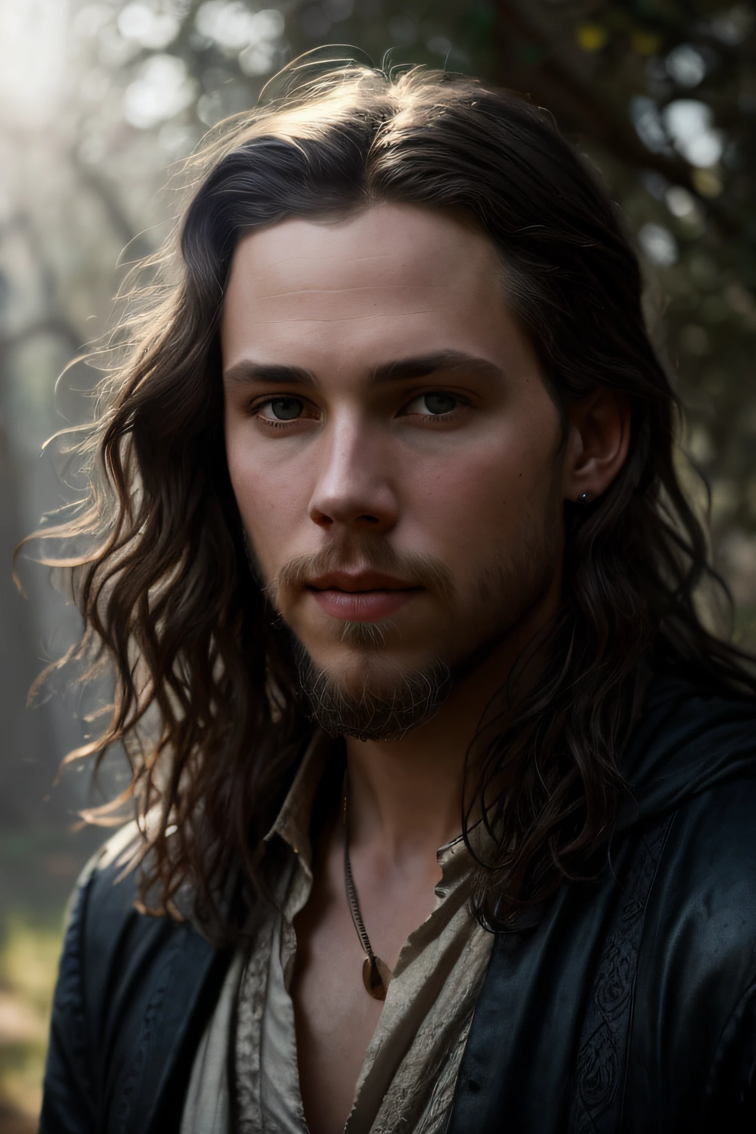 close up portrait of Austin Butler as a charming 22 years old fantasy male, pale skin, very long wavy shabby black hair parted in the middle, incredible grey eyes, long arched eyebrows, very short goatee, fantasy clothes, intense look, fascinating, slim and athletic, young, in a big medieval city, (backlighting), realistic, masterpiece, highest quality, lens flare, shade, bloom, [[chromatic aberration]], by Jeremy Lipking, by Antonio J. Manzanedo, digital painting