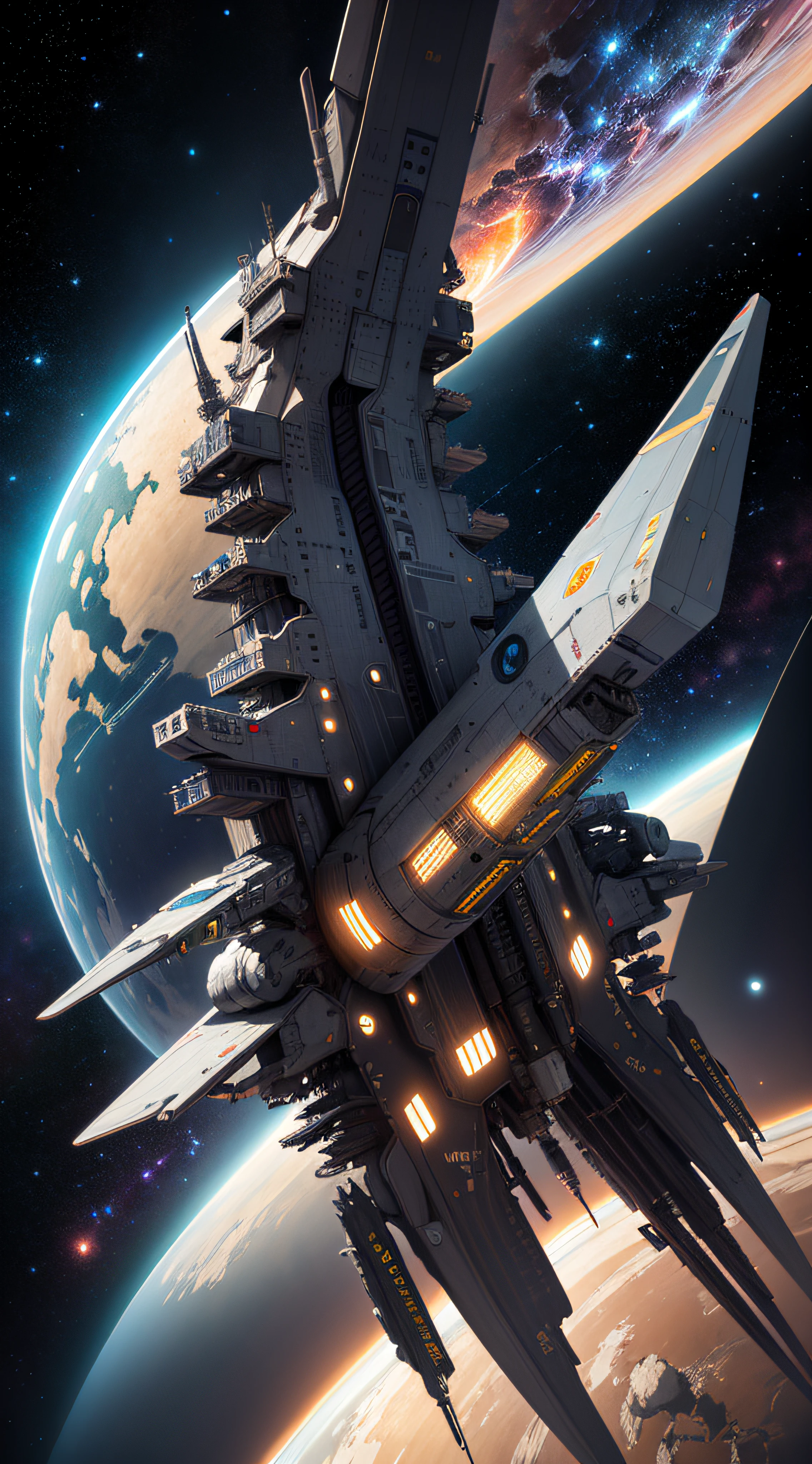 concept -art RetroFuturismAI: Wedge-shaped spaceship, Dark shades, Lots of parts on board, Signs on the body, Superstructure, command post, in space against the backdrop of a spiral galaxy,