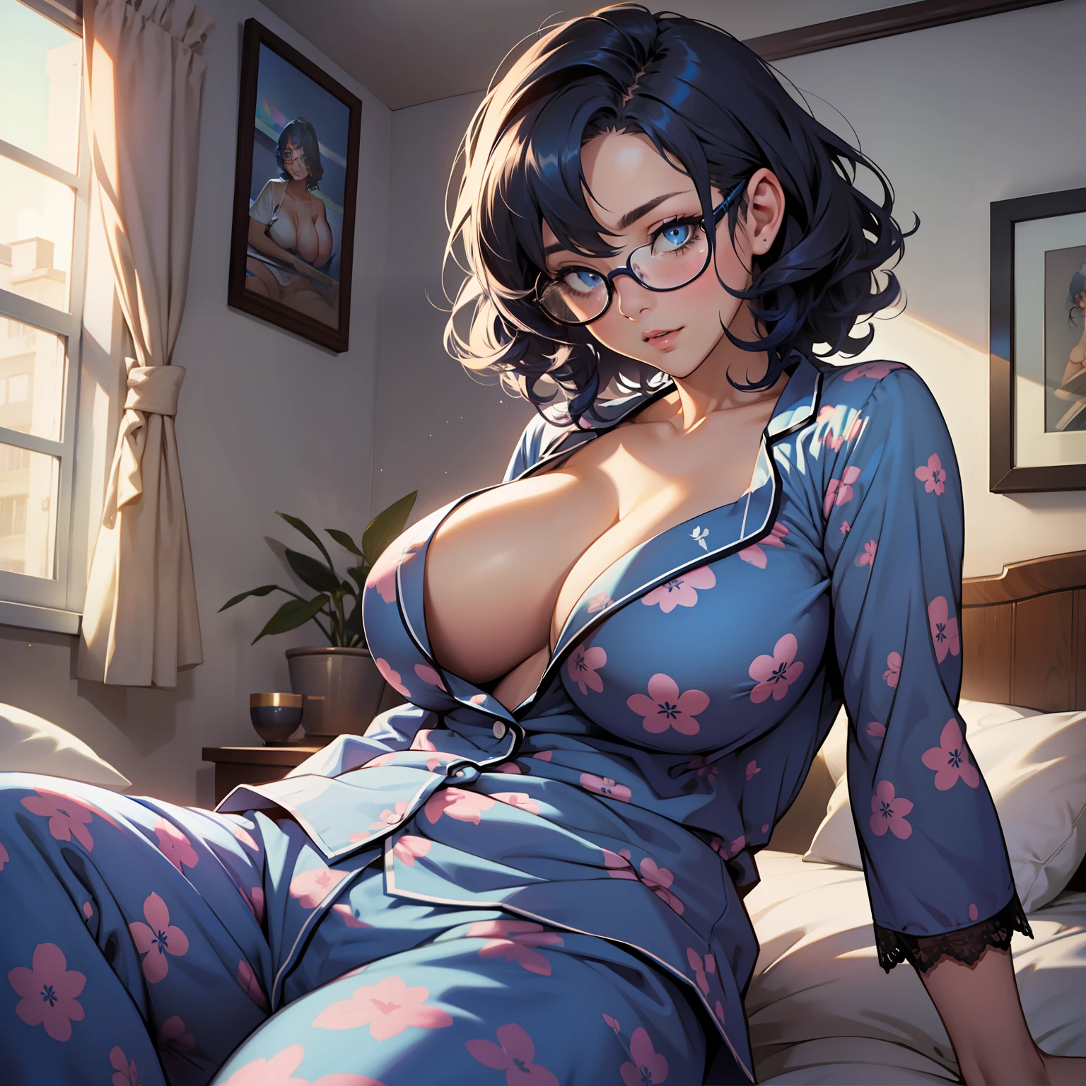 Beautiful female, blue eyes, blue curly hair, chubby, ecstasy expression, big boobs, short hair, navy pajamas, lace, sitting on bed, ecstacy, pleading eyes, chubby, thick framed glasses