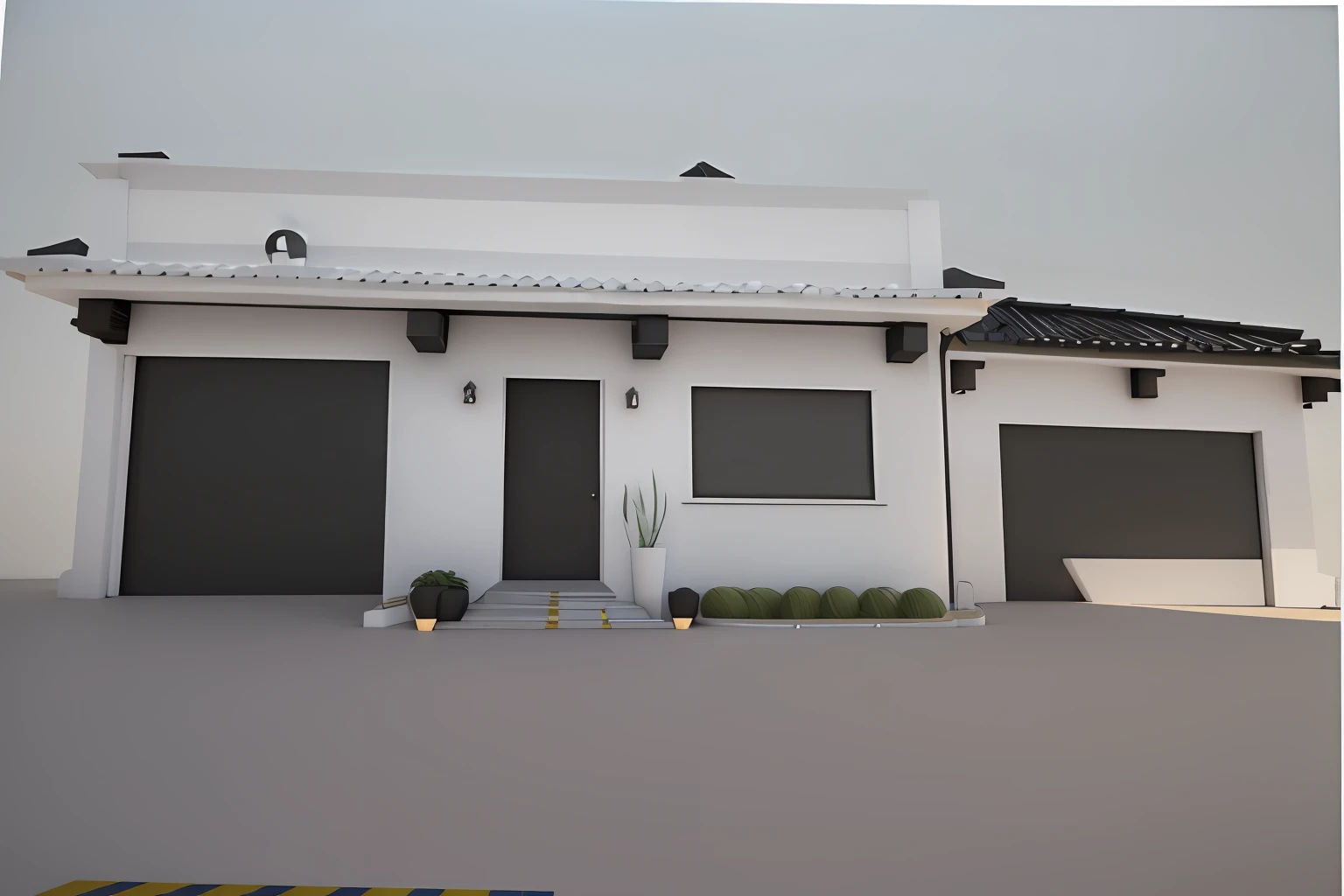There is a white building with a black door, uma rampa de acesso, um platibando com detalhes em relevo 3d, renderizar 3 d, 3d final render, 3 d finalrender, altamente renderizado!!, pre-rendered, vue 3d render, finalrender, fully detailed render, lumion rendering, finalrender, renderizado no lumion pro, render corona, 3d final render