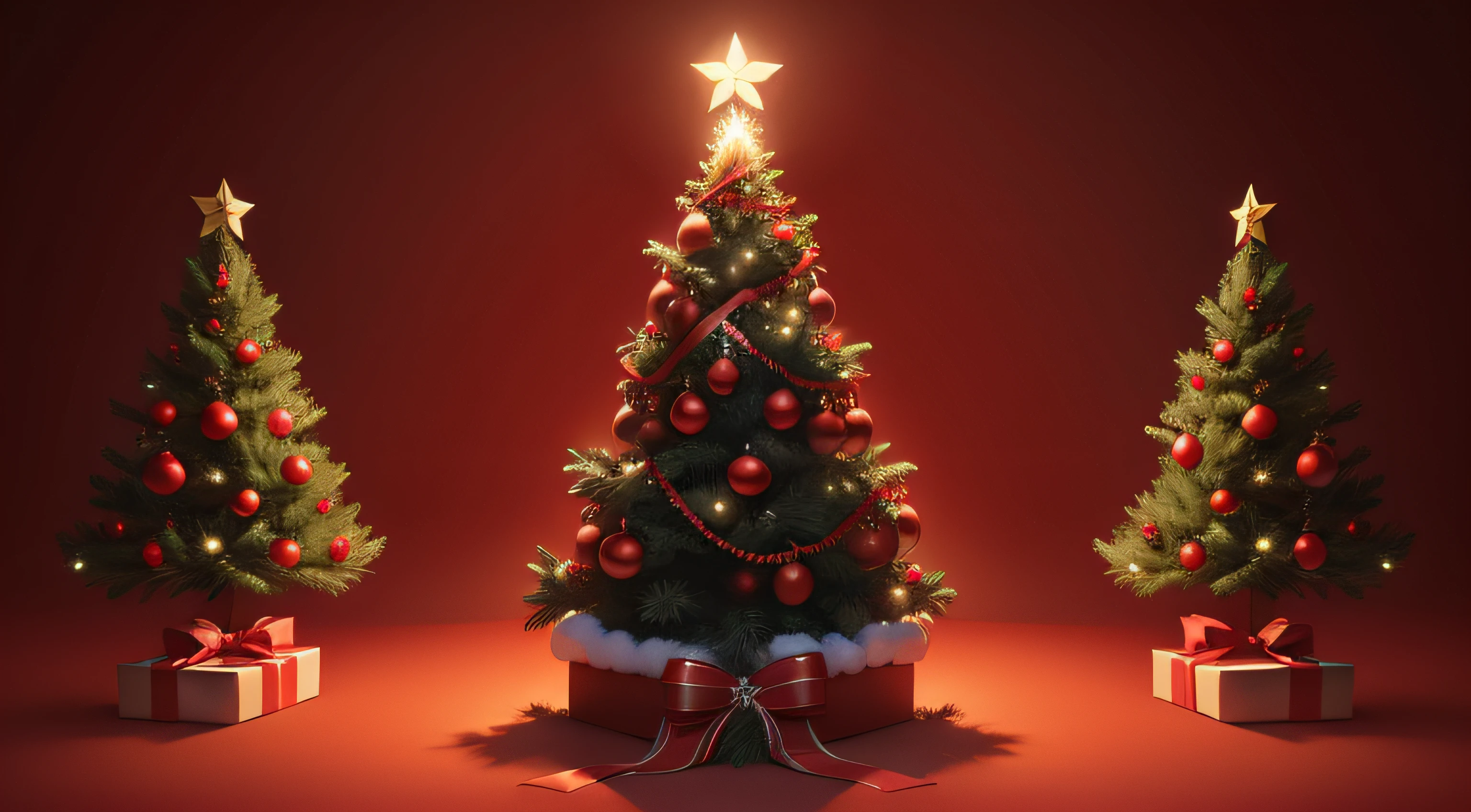 This image shows a red background with a Christmas tree branch, red and white ornaments, and a red bow on top. The image is empty except for the decorations.