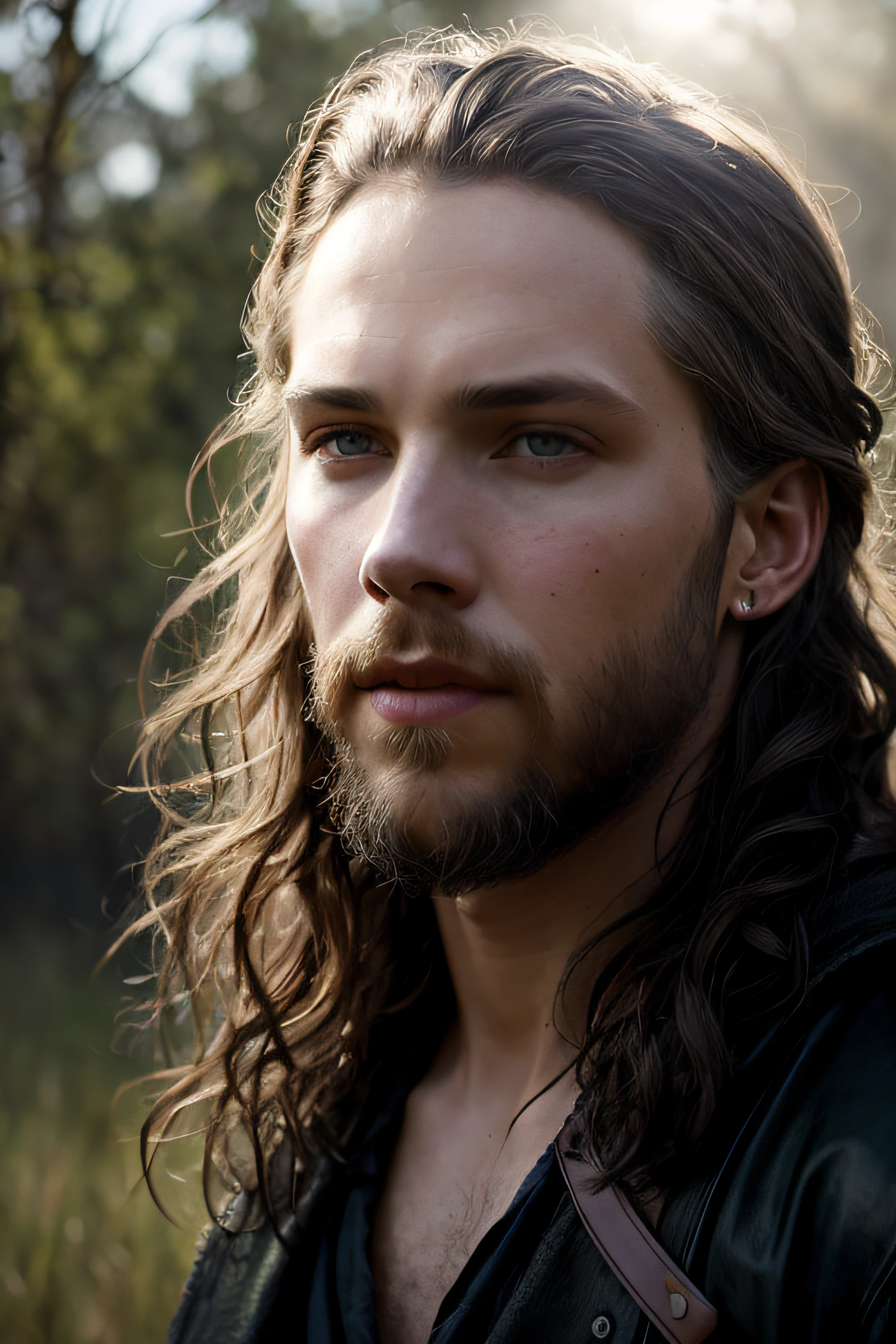 close up portrait of Austin Butler as a charming 22 years old fantasy male, pale skin, very long wavy shabby black hair parted in the middle, incredible grey eyes, long arched eyebrows, short goatee, fantasy clothes, intense look, fascinating, slim and athletic, young, in a big medieval city, (backlighting), realistic, masterpiece, highest quality, lens flare, shade, bloom, [[chromatic aberration]], by Jeremy Lipking, by Antonio J. Manzanedo, digital painting