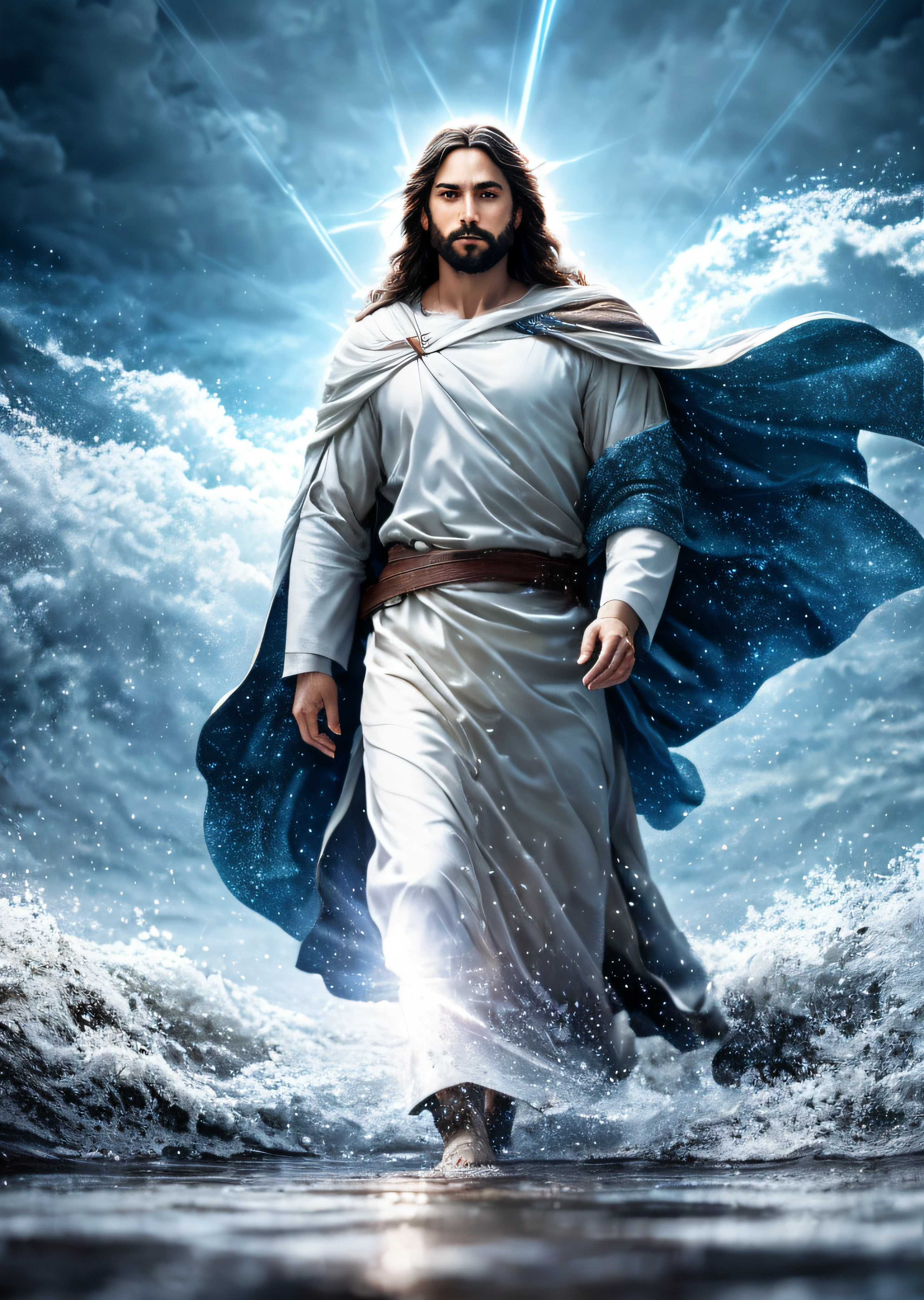 Jesus walking on water in a storm, gentle expression, streaks of light coming down from the sky, masterpiece, highest quality, high quality, highly detailed CG unit 8k wallpaper, award-winning photos, bokeh, depth of field, HDR, bloom, chromatic aberration, realistic, very detailed, trending at artstation, trending at CGsociety, complex, high detail, dramatic, mid-journey art, volumetric lighting