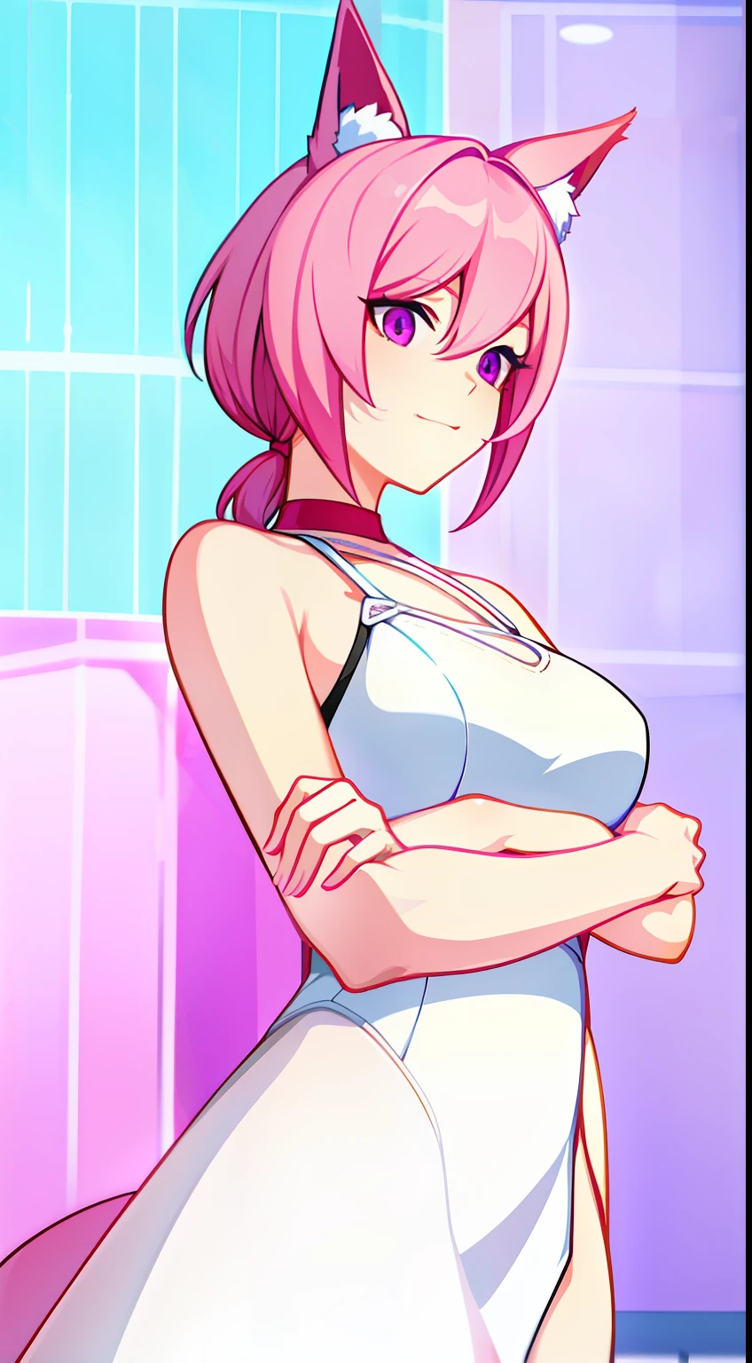 Adult woman, short pink hair, low ponytail, Fox ears, pink eyes, tight white dress, pomade, Masterpiece, hiquality