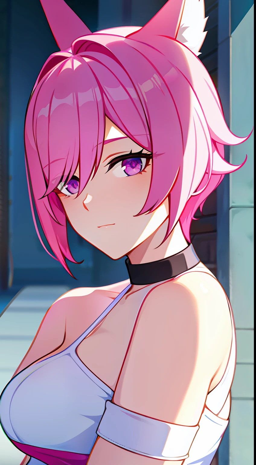 Adult woman, short pink hair, low ponytail, Fox ears, pink eyes, tight white dress, pomade, Masterpiece, hiquality