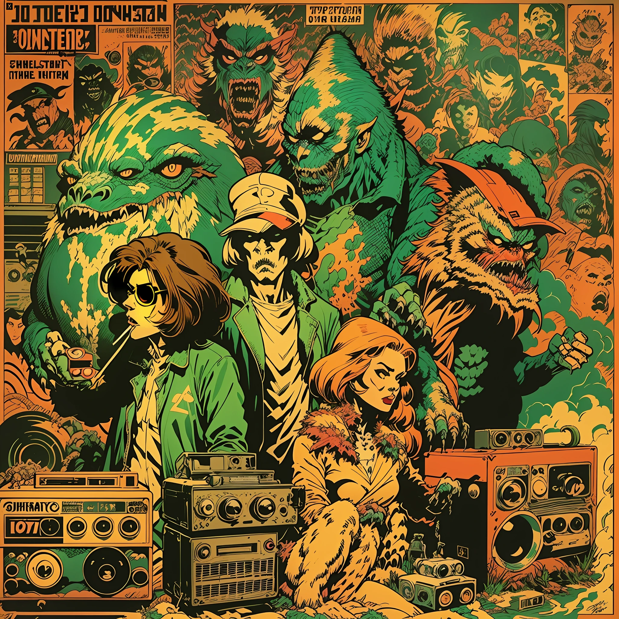 a ((((([crew of monsters creatures ])))))), ( full body shot) smoking big joints, ghetto blaster, lofi hip hop, audio equipments, retro technology, nostalgic vibes, vintage, the 6 0 s, propaganda Poster style, Poster design, poster art style. 1970s, 1950s, 1960s, Very colourful poster, colour art, thirds rule, inspiring, 1970, high quality artwork, poster art style, promotional artwork, hiphop, high quality wallpaper, poster artwork, style of shepherd fairey, in a retro or vintage style, reminiscent of classic advertisements or posters. Use warm colors, capturing the nostalgic feel of vintage artwork, bird's eye view