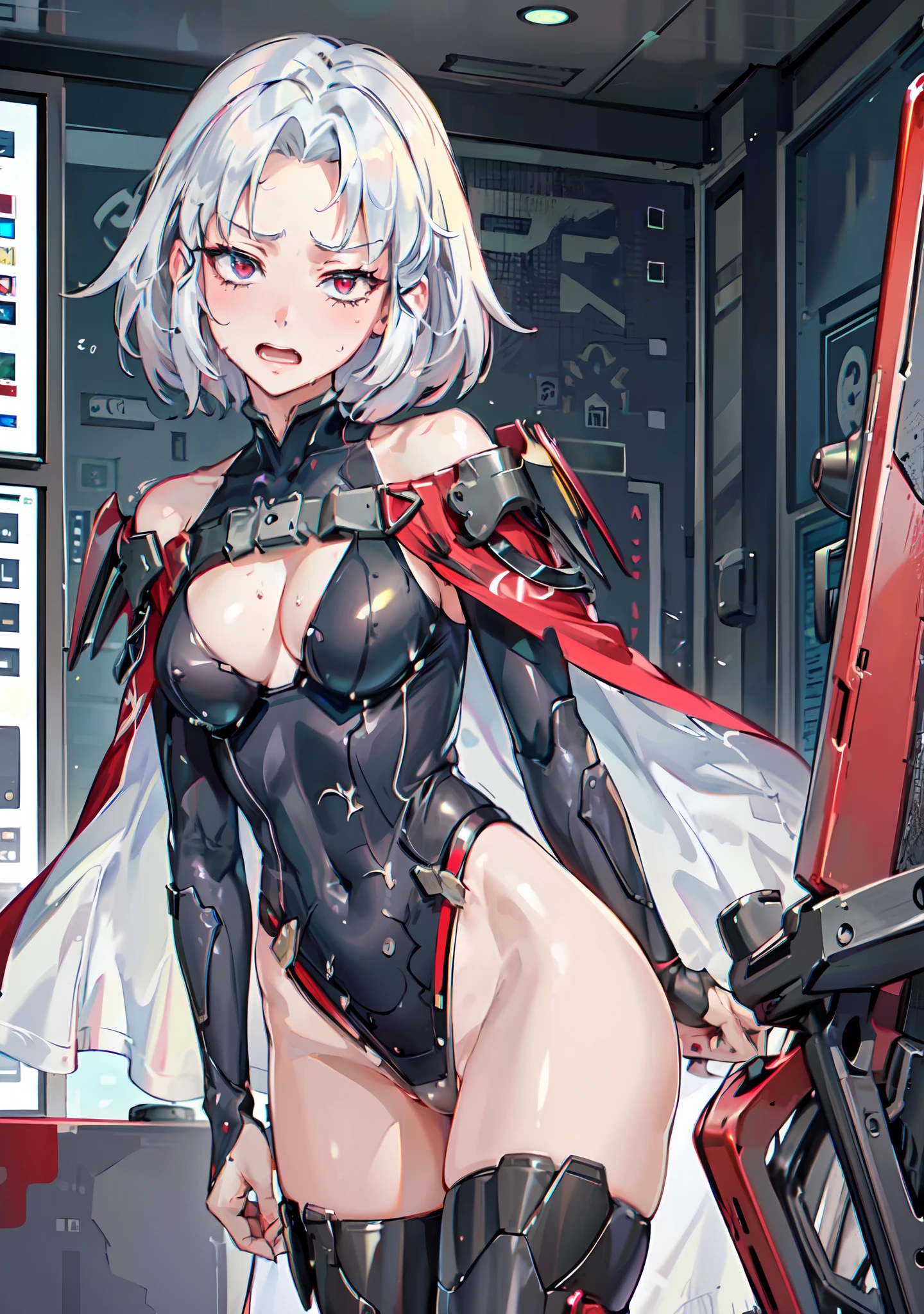 ((((masterpiece, best quality, high resolution)))), 1girl, nude, white hair, red eyes, short wavy hair, average breasts, wet pussy, blush, ahegao, angry, glow, thighs, bare shoulders, collarbone, narrow waist, cleavage, (beautiful detailed face, beautiful detailed eyes), OrigFullArm, full armed, cape, mechanical armor, highleg leotard, Origleotard, thighhighs, breasts exposed, naked, unclothed