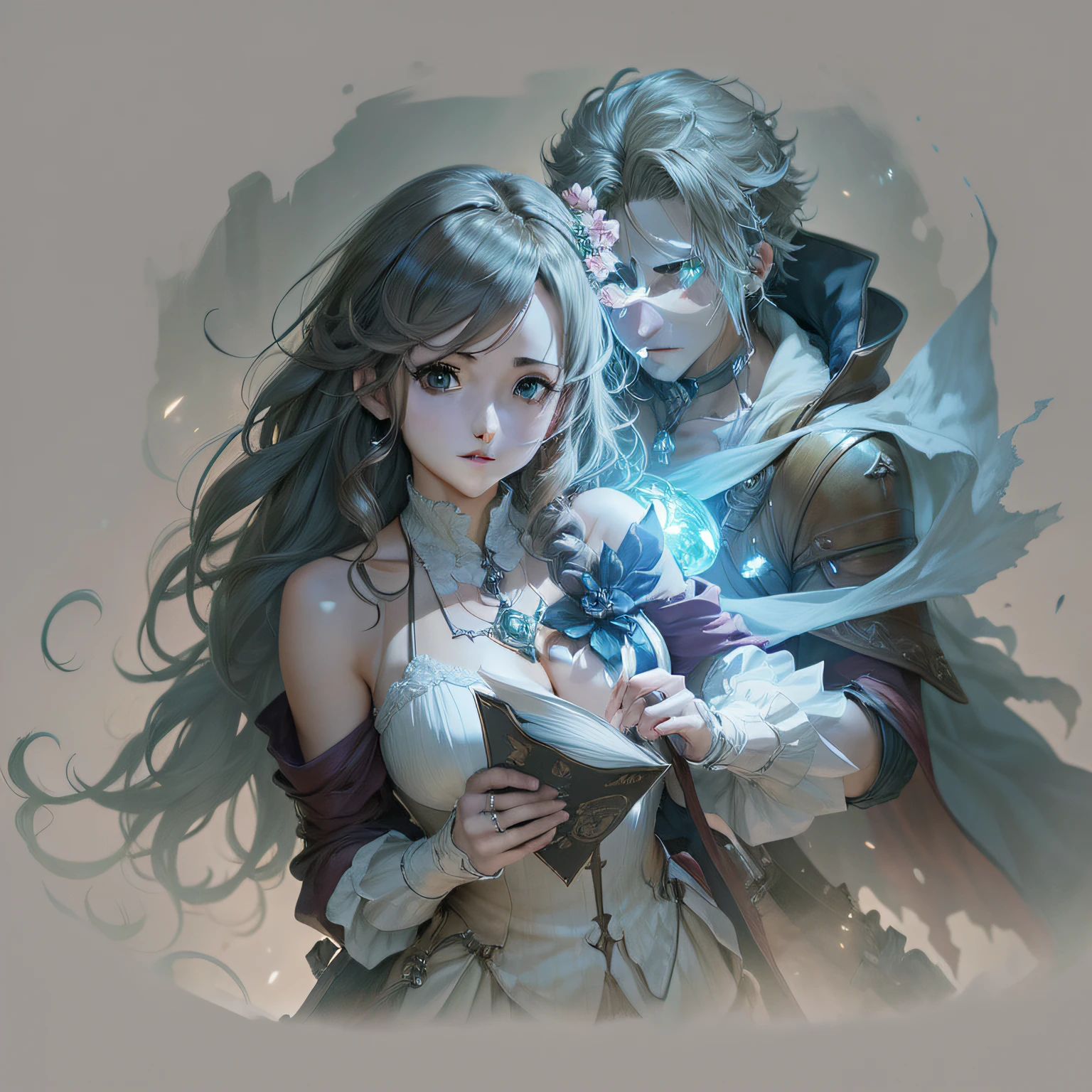 a couple of anime characters standing next to each other, octopath traveler, romance book cover, boris valejo. octopath traveler, octopath traveller style, hands holding big glowing orbs, artbook artwork, full art illustration, official art, official artwork hdr, promotional art, character album cover, light novel cover art, official artwork, romance novel cover