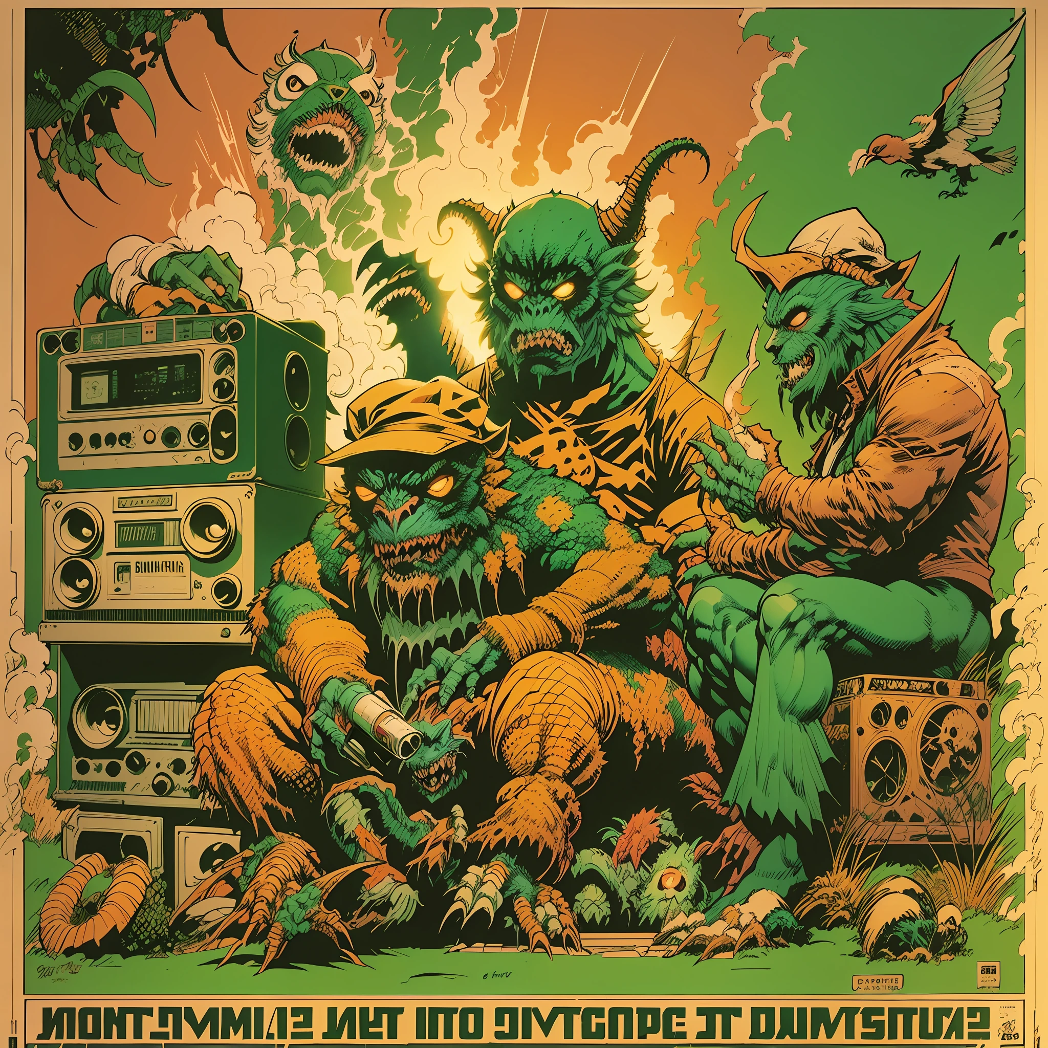 a ((((([crew of monsters creatures ])))))), ( full body shot) smoking big joints, ghetto blaster, lofi hip hop, audio equipments, retro technology, nostalgic vibes, vintage, the 6 0 s, propaganda Poster style, Poster design, poster art style. 1970s, 1950s, 1960s, Very colourful poster, colour art, thirds rule, inspiring, 1970, high quality artwork, poster art style, promotional artwork, hiphop, high quality wallpaper, poster artwork, style of shepherd fairey, in a retro or vintage style, reminiscent of classic advertisements or posters. Use warm colors, capturing the nostalgic feel of vintage artwork, bird's eye view
