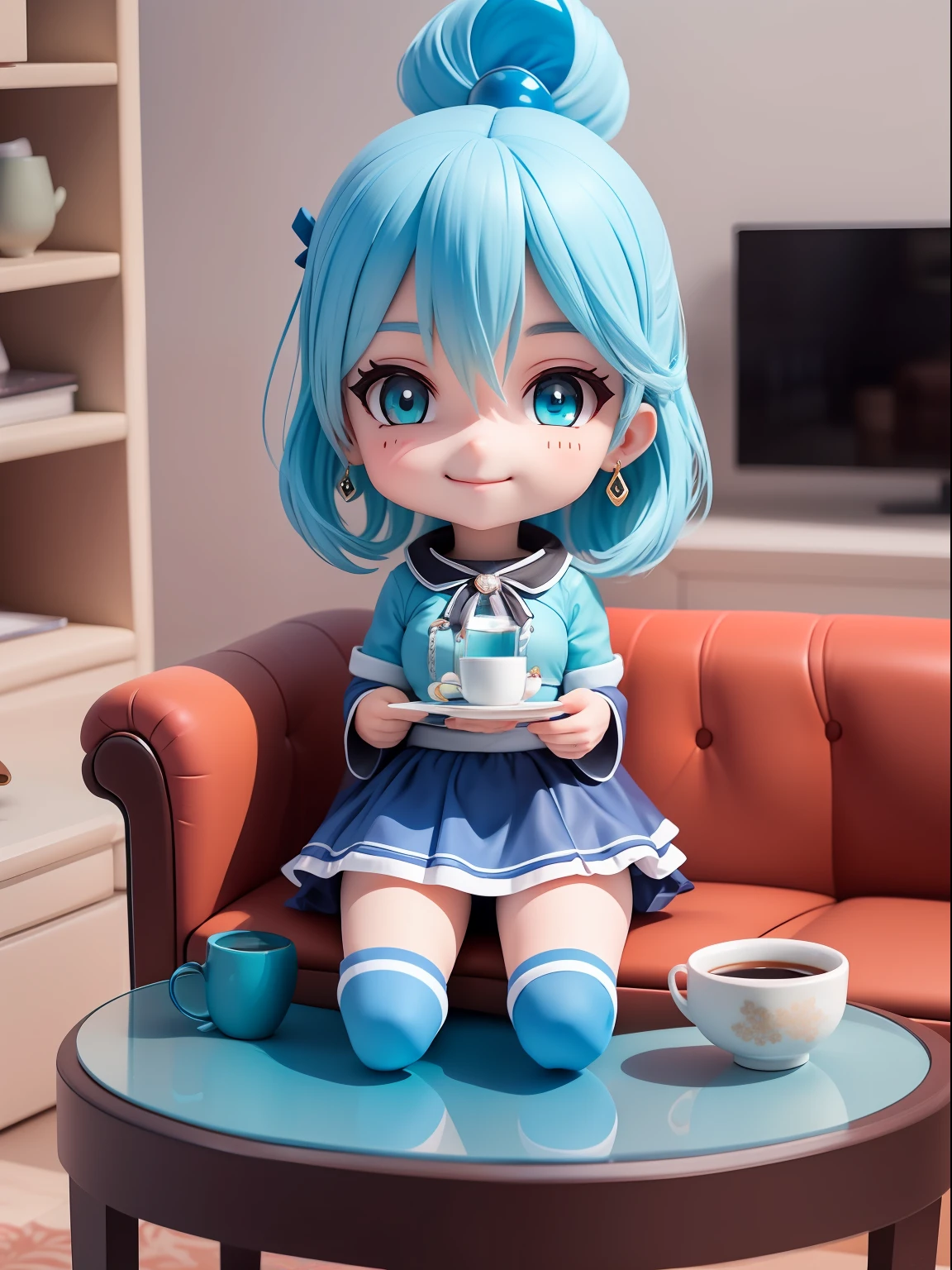 (masterpiece),(best quality),(Ultra-detailed), (full body: 1.2), 1girl(aqua_Konosuba), chibi,cute, smile, light blue long haircut, blue eyes, earring, blue shirt, blue skirt, lace socks, (sitting on the red couch), seductive posture, smile, An elegant black coffee table sits in front of the sofa and some decorative items are placed on the shelves, (beautiful and detailed face), (beautiful detailed eyes),