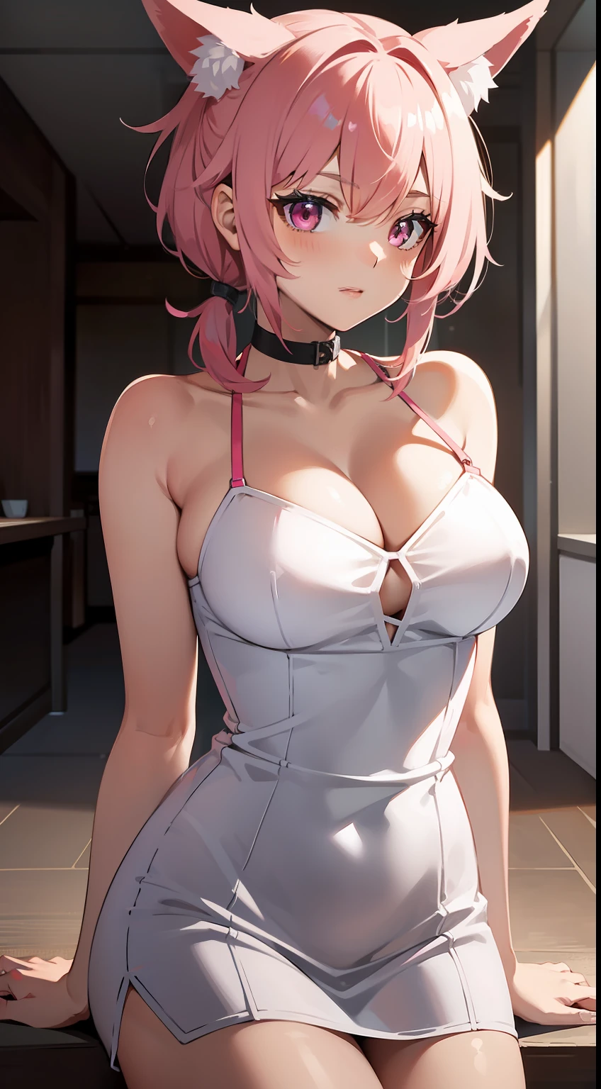 Adult woman, short pink hair, low ponytail, Fox ears, pink eyes, tight white dress, pomade, Masterpiece, hiquality