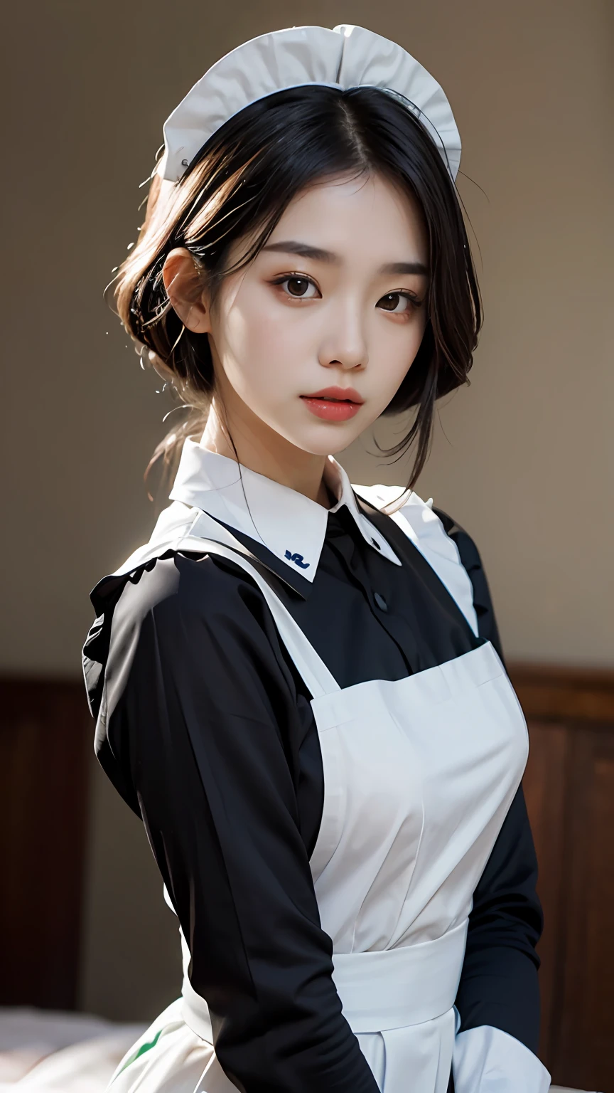 Slender Asian girl, kpop idol, ((maid uniform)), ((top quality, 8k, masterpiece: 1.3)), crisp focus: 1.2, beautiful woman with perfect figure: 1.4, highly detailed face and skin texture, detailed eyes, ((skinny)), beautiful face, symmetrical face, full-length, sexy, almost naked
