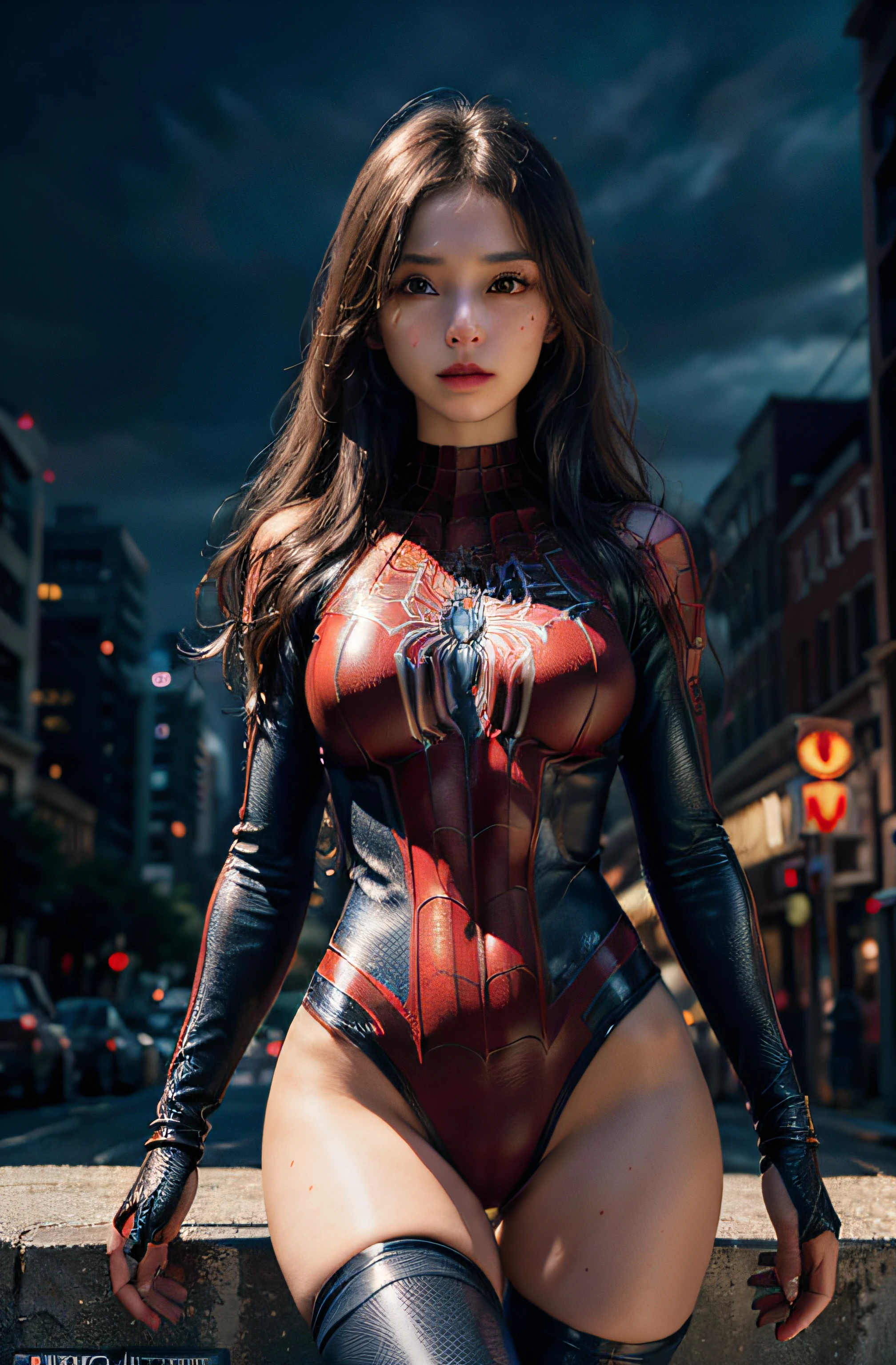 (wearing spiderwoman_cosplay_outfit:1.1), in front of a sky, 
good hand,4k, high-res, masterpiece, best quality, head:1.3,((Hasselblad photography)), finely detailed skin, sharp focus, (cinematic lighting), night, soft lighting, dynamic angle, [:(detailed face:1.2):0.2], medium breasts, outside,