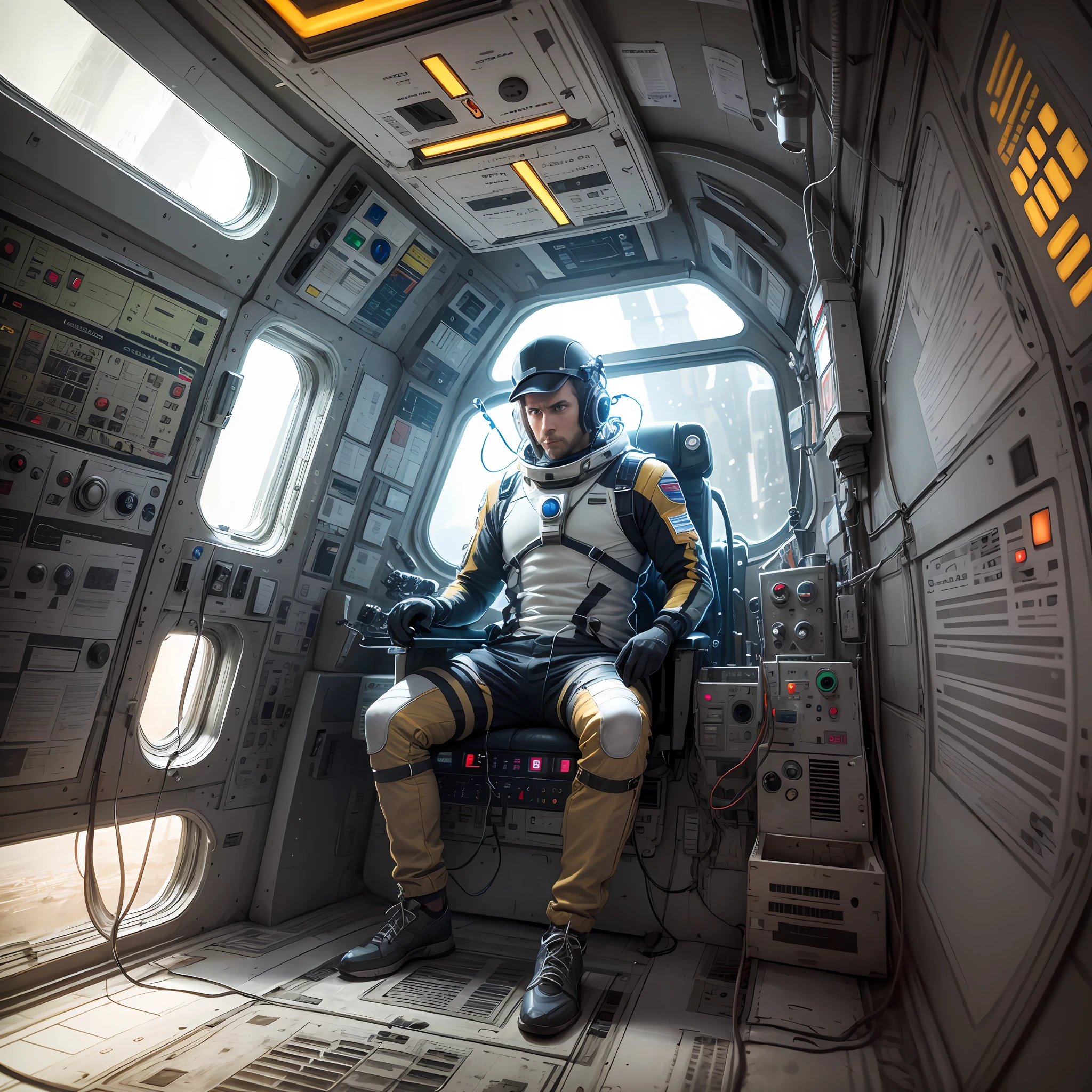 Pilot inside his spaceship facing the vintage control panel of his spaceship, realistic image, HD, --auto --s2
