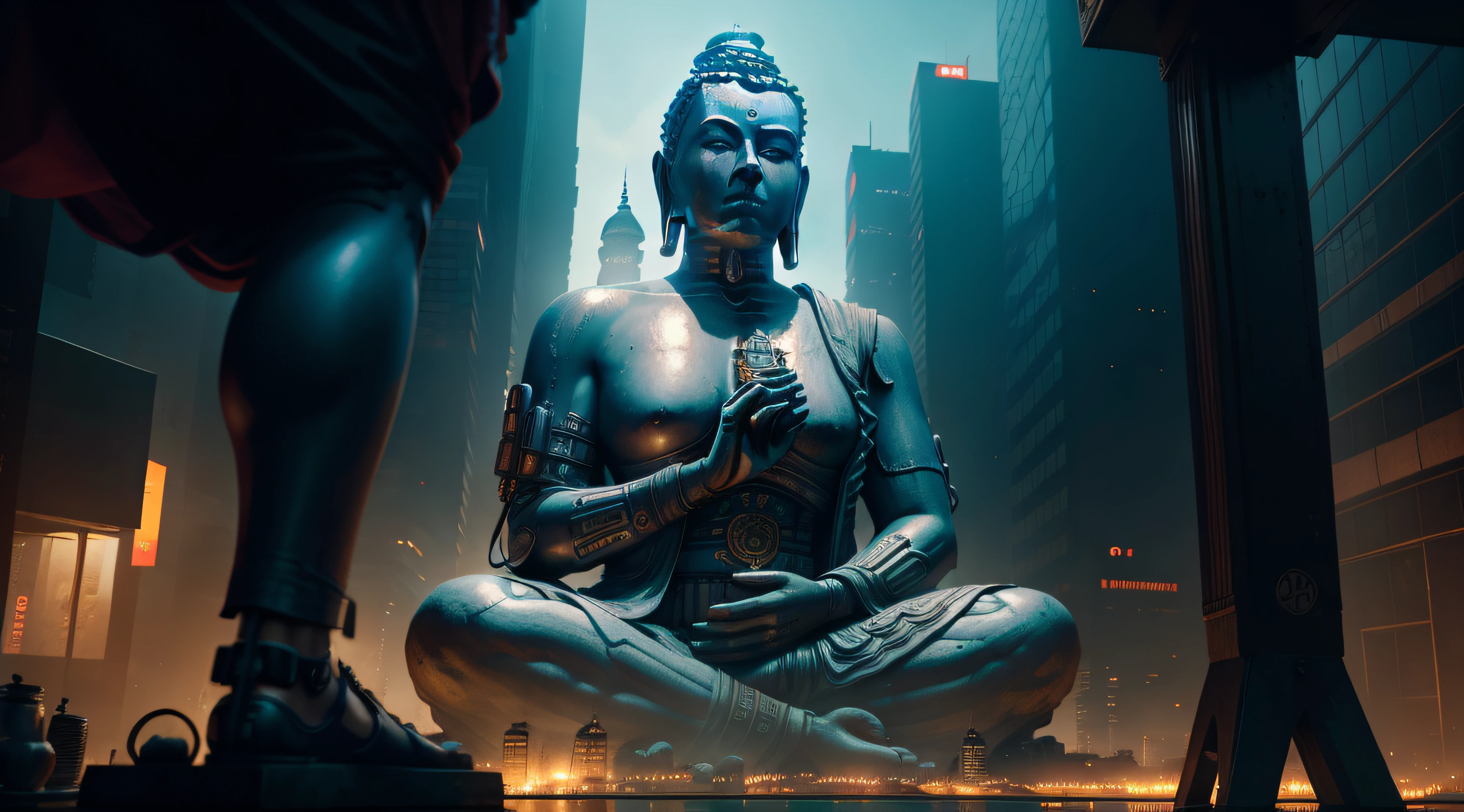 (giant tall buddha statue upper body far away:1.5, ), (cyberpunk city background:1.2), , (photorealistic:1.4), (best quality:1.0), (ultra highres:1.0), 8k, RAW photo, (masterpiece:0.2), ultra-detailed, (pilgrims from behind on road:0.8),