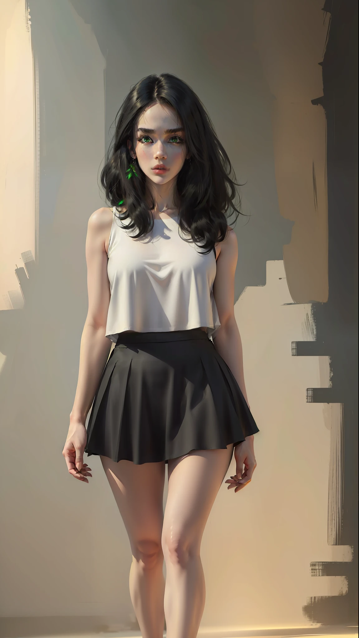 ((Best quality)), ((masterpiece)), (highly detailed:1.3), a woman in white top, black skirt, short black hair, perfect face, perfect green eyes, full body image
