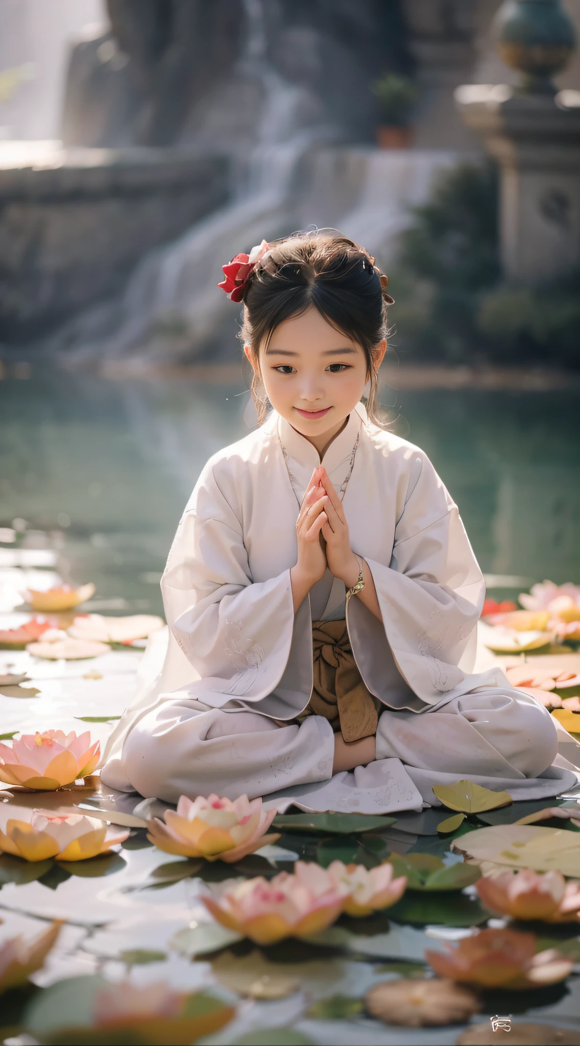 a 3--old earing a white monk's robe，Chubby little face，Big round eyes，A  High Bridge of nose，With a smile，had his hands folded，Sit cross-legged。Lotus pattern on background。HD smile，电影灯光，Thinking eyes