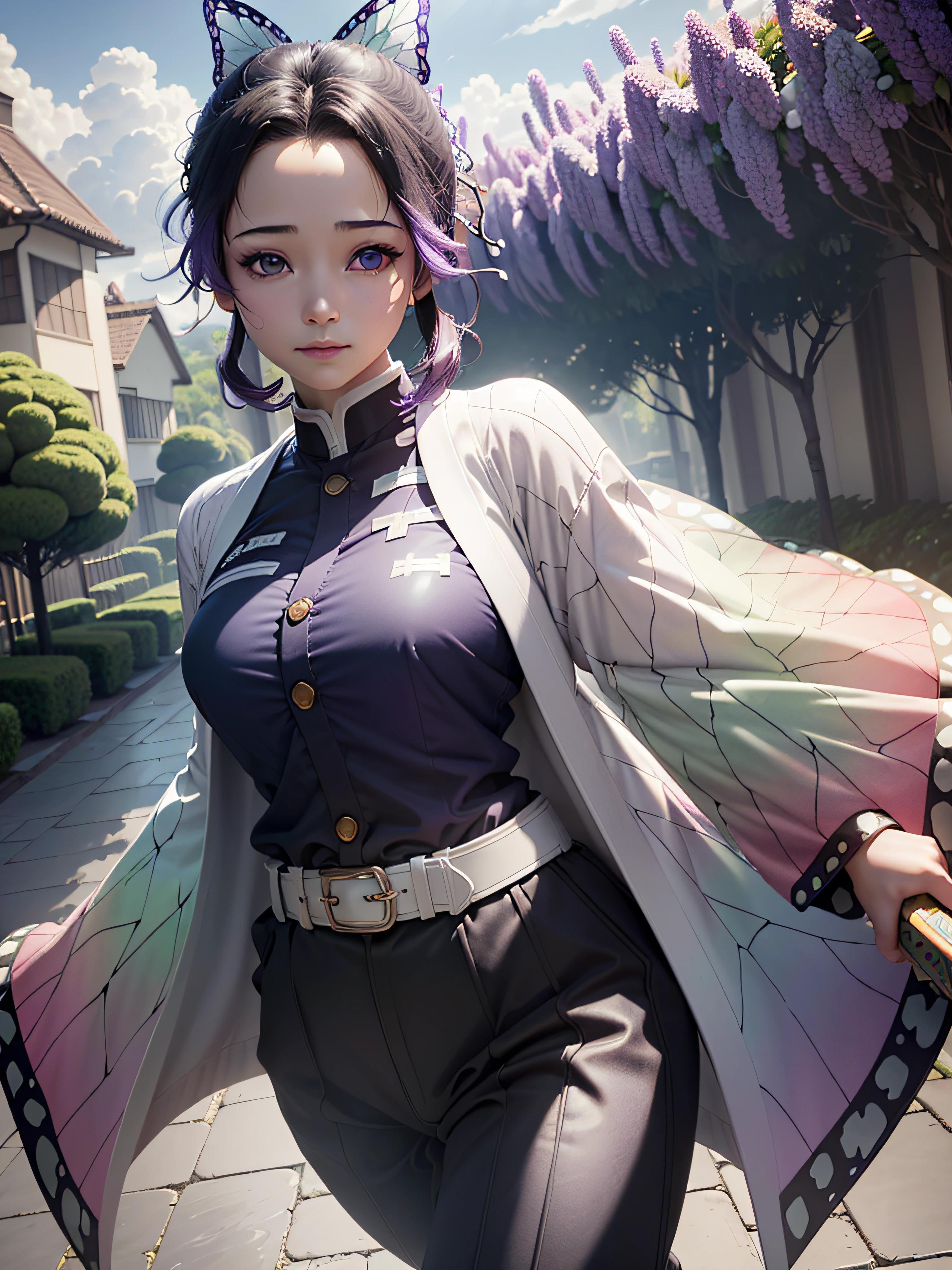 Ultra-realistic 8k CG,masterpiece,((ultra-detailed background, delicate pattern, intricate details)),best quality,very detailed face,extremely detailed eyes and face,extremely detailed eyes,kochou shinobu,multicolored hair,no bangs,hair intakes,purple eyes,forehead,black shirt,black pants,haori,butterfly,buttons,belt,(Garden:1.2),purple flower,chibi,cloudy sky,sunlight,Tindal effect,gradient_sky,face,Gorgeous sky,Waist Sabre,Charming posture,
