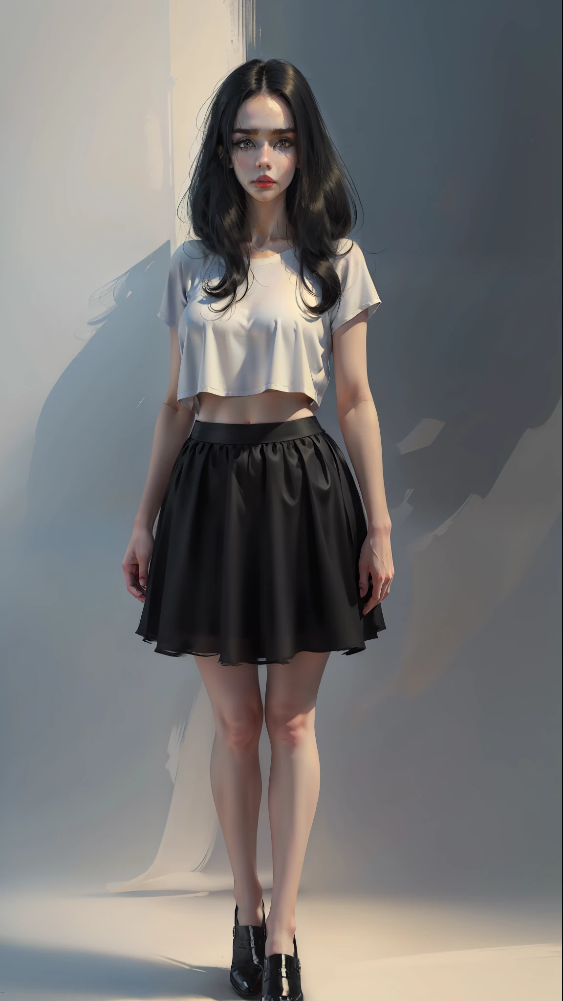 ((Best quality)), ((masterpiece)), (highly detailed:1.3), a standing woman in white top, black skirt, short black hair, perfect face, perfect eyes, full body image