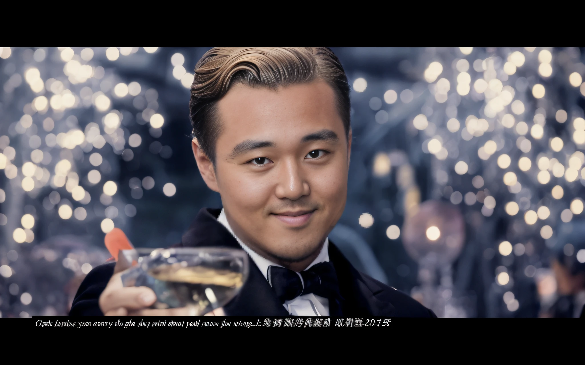 Image of Arafard of a man in a tuxedo holding a glass of wine, Leonardo DiCaprio, "Leonardo DiCaprio, Leonardo DiCaprio's face, Leonardo DiCaprio meme, Wang Chen, Hey, 2014, 2 0 1 4, 2 0 1 5, 2015, Champagne advertising, The Wolf of Wall Street, from china