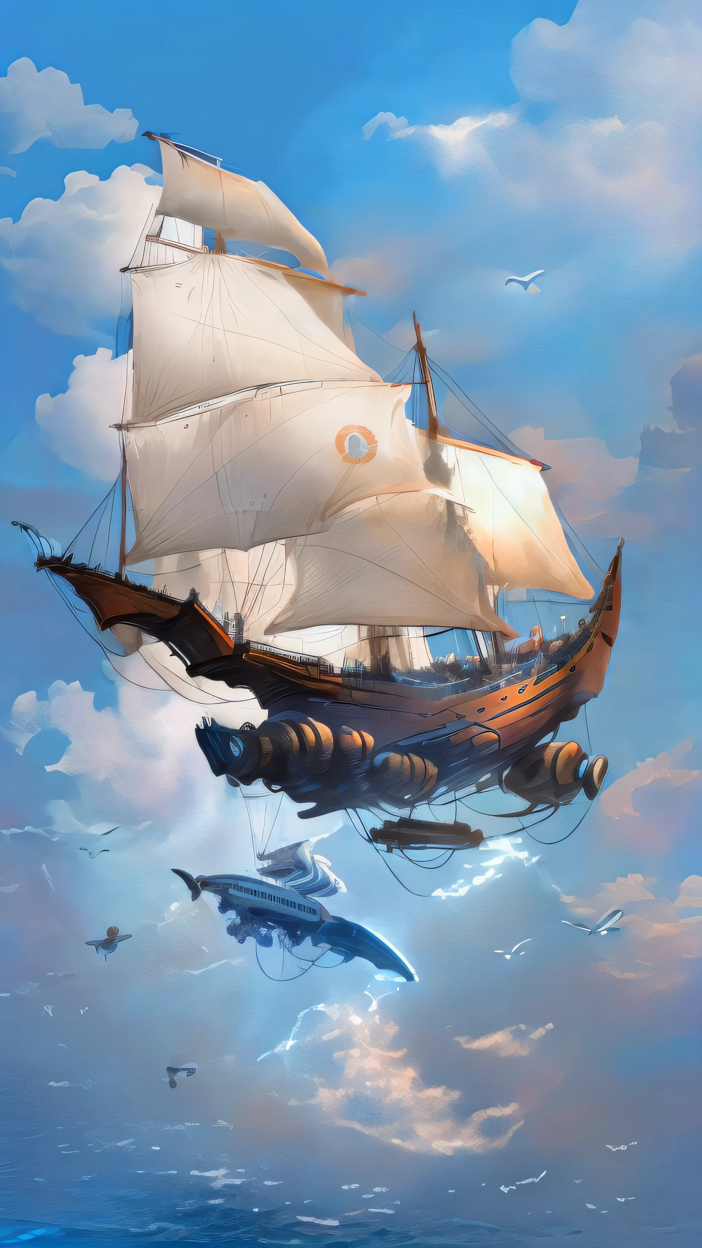 Futuristic super sailboat jumping through the clouds surrounded by seagulls and hot air balloons and down the rough sea with a multitude of high waves and swimming sharks