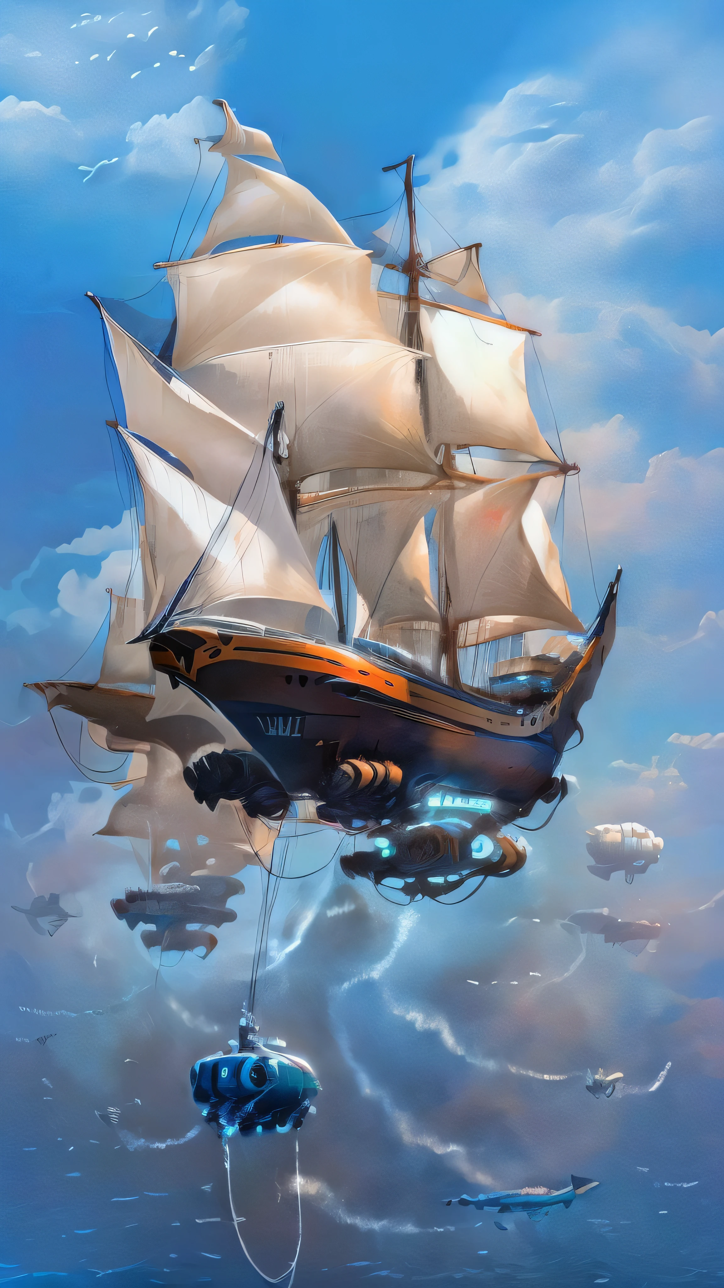 Futuristic super sailboat jumping through the clouds surrounded by seagulls and hot air balloons and down the rough sea with a multitude of high waves and swimming sharks
