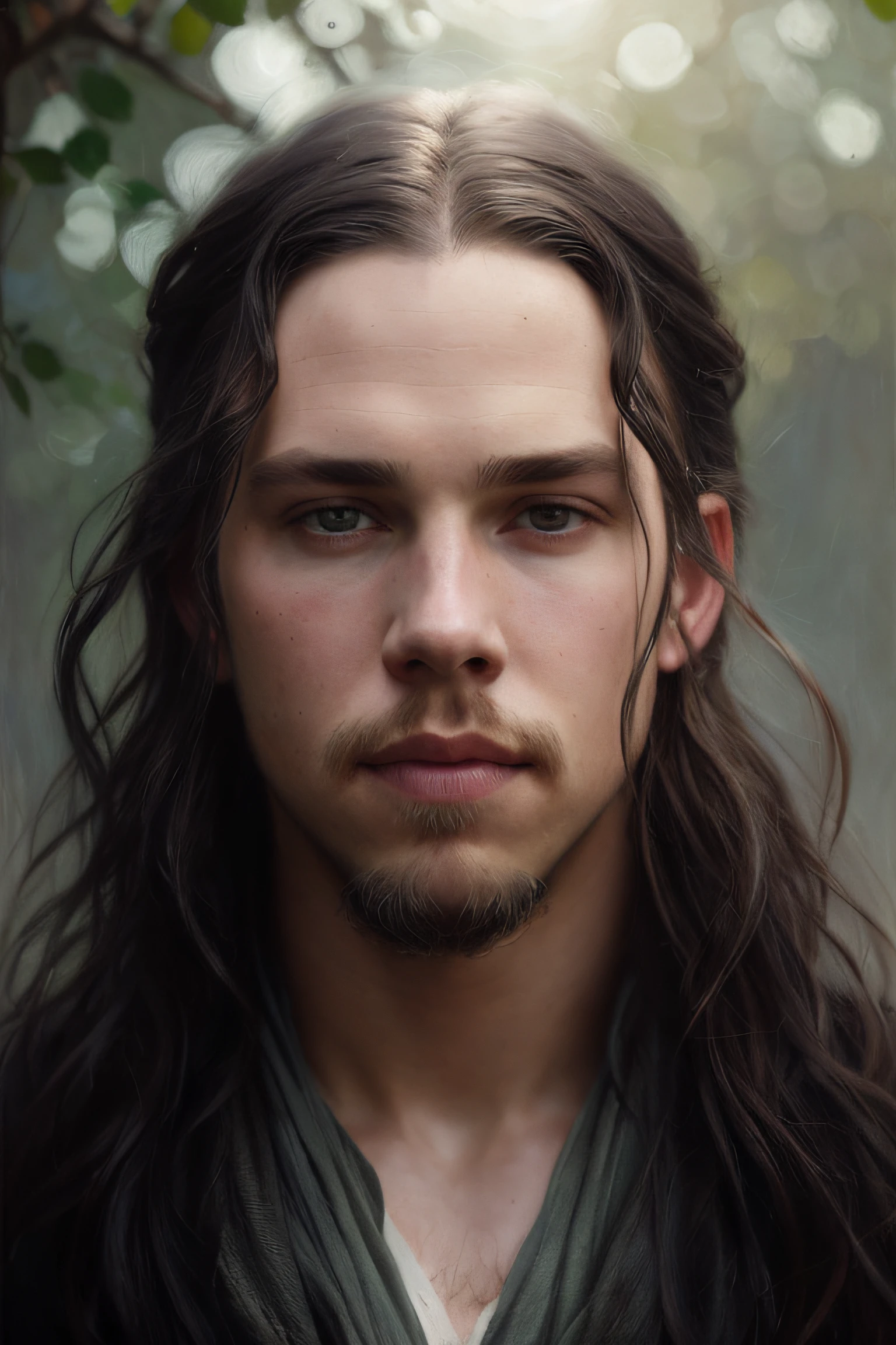 close up portrait of Austin Butler as a charming 22 years old fantasy male, pale skin, very long wavy shabby black hair parted in the middle, incredible grey eyes, long arched eyebrows, goatee, fantasy clothes, intense look, fascinating, slim and athletic, young, in a big medieval city, (backlighting), realistic, masterpiece, highest quality, lens flare, shade, bloom, [[chromatic aberration]], by Jeremy Lipking, by Antonio J. Manzanedo, digital painting