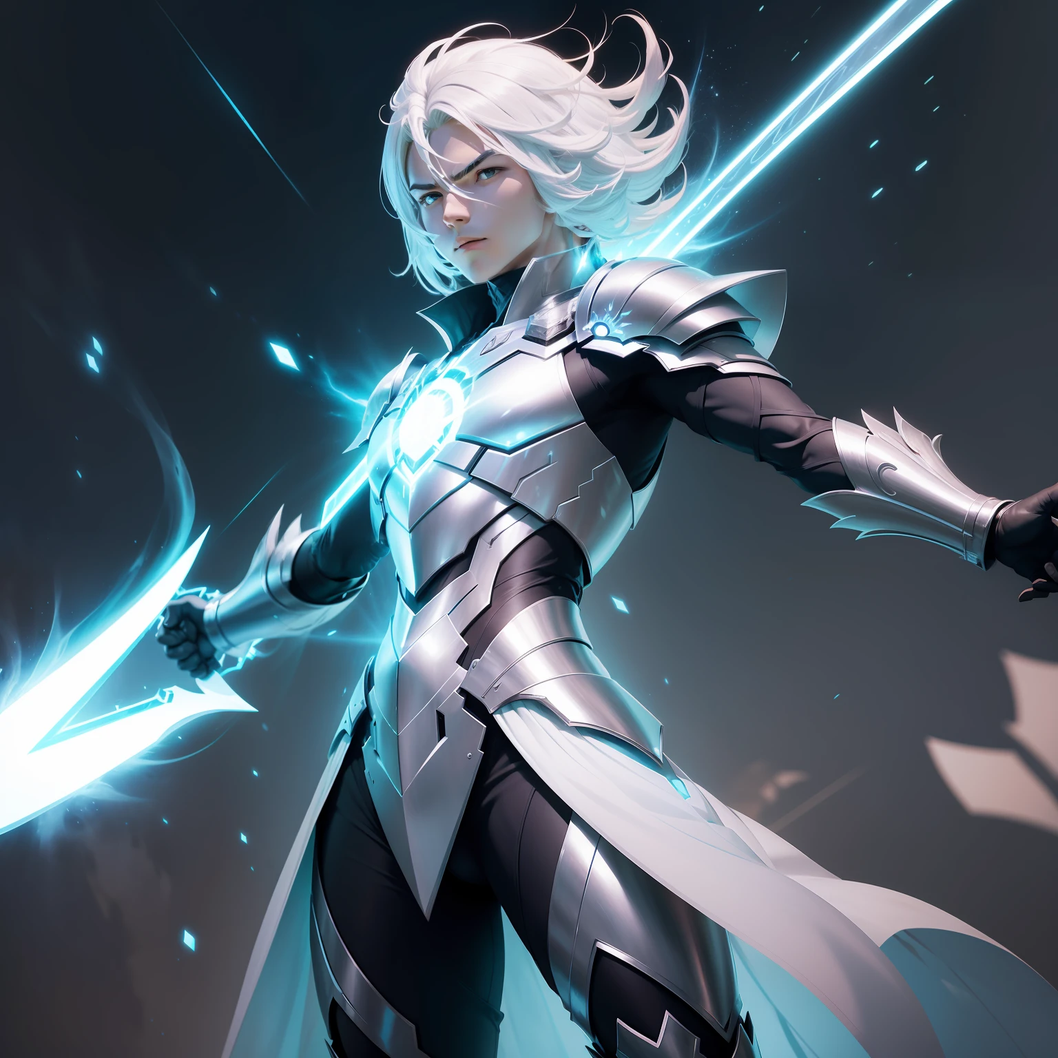 Guardian Celerix is a mysterious warrior, wearing lightweight and shimmering armor that enables him to move at incredibly high speeds. He carries an energy shield and a swift sword that resembles a cutting beam of light. His posture is enigmatic and agile, conveying the sense that he can appear and disappear in the blink of an eye.
