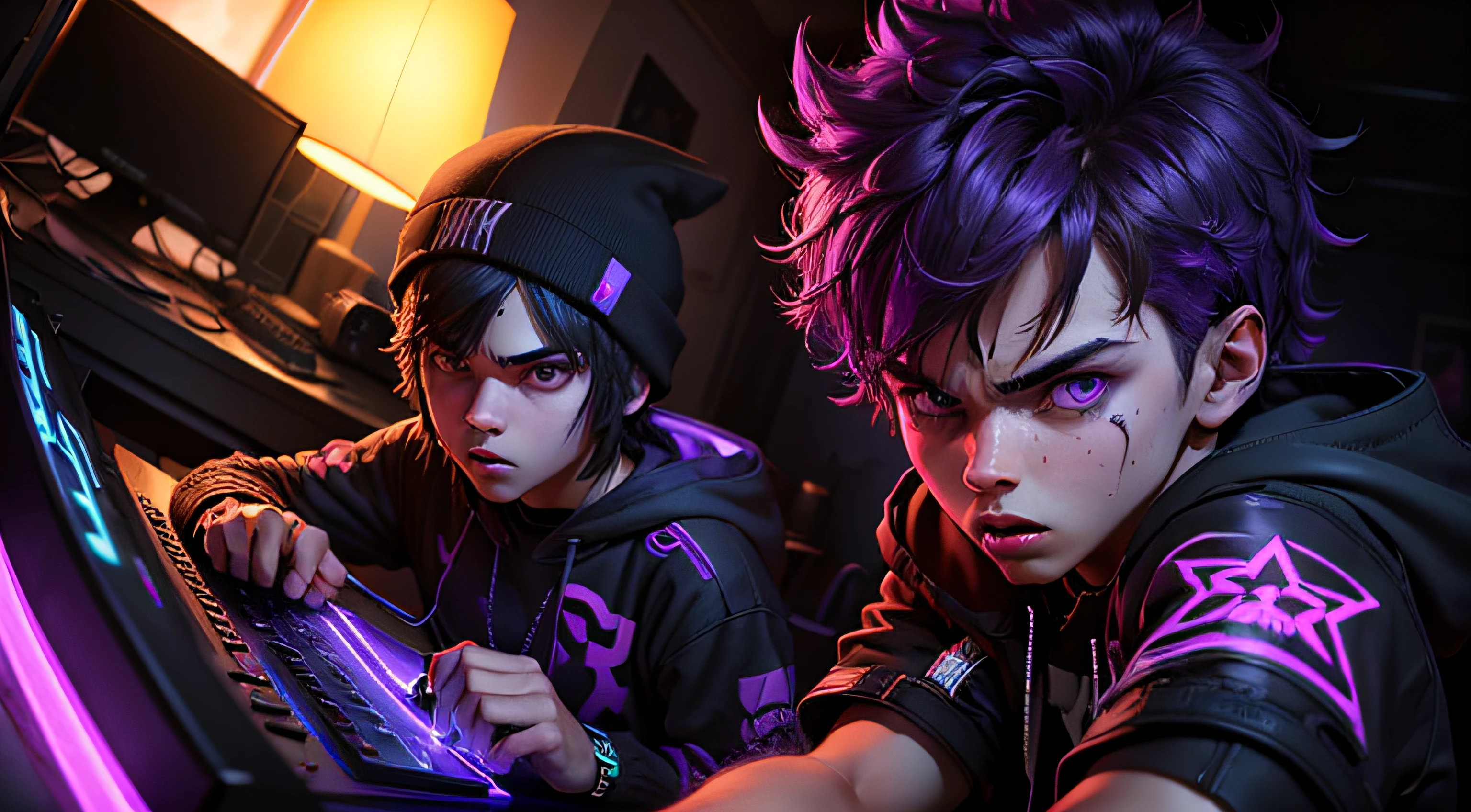teen, male, angry, madness, console player, dark room, purple neon, . Highly detailed, high quality, masterpiece, --auto