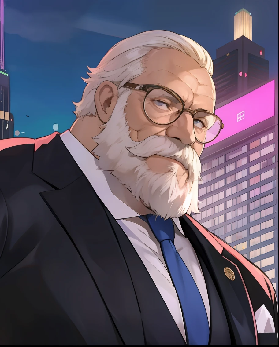 Portrait of a distinguished elderly man with a muscular build, dressed in a sleek suit, captured in a bust composition against a vibrant cityscape, ((headshot))