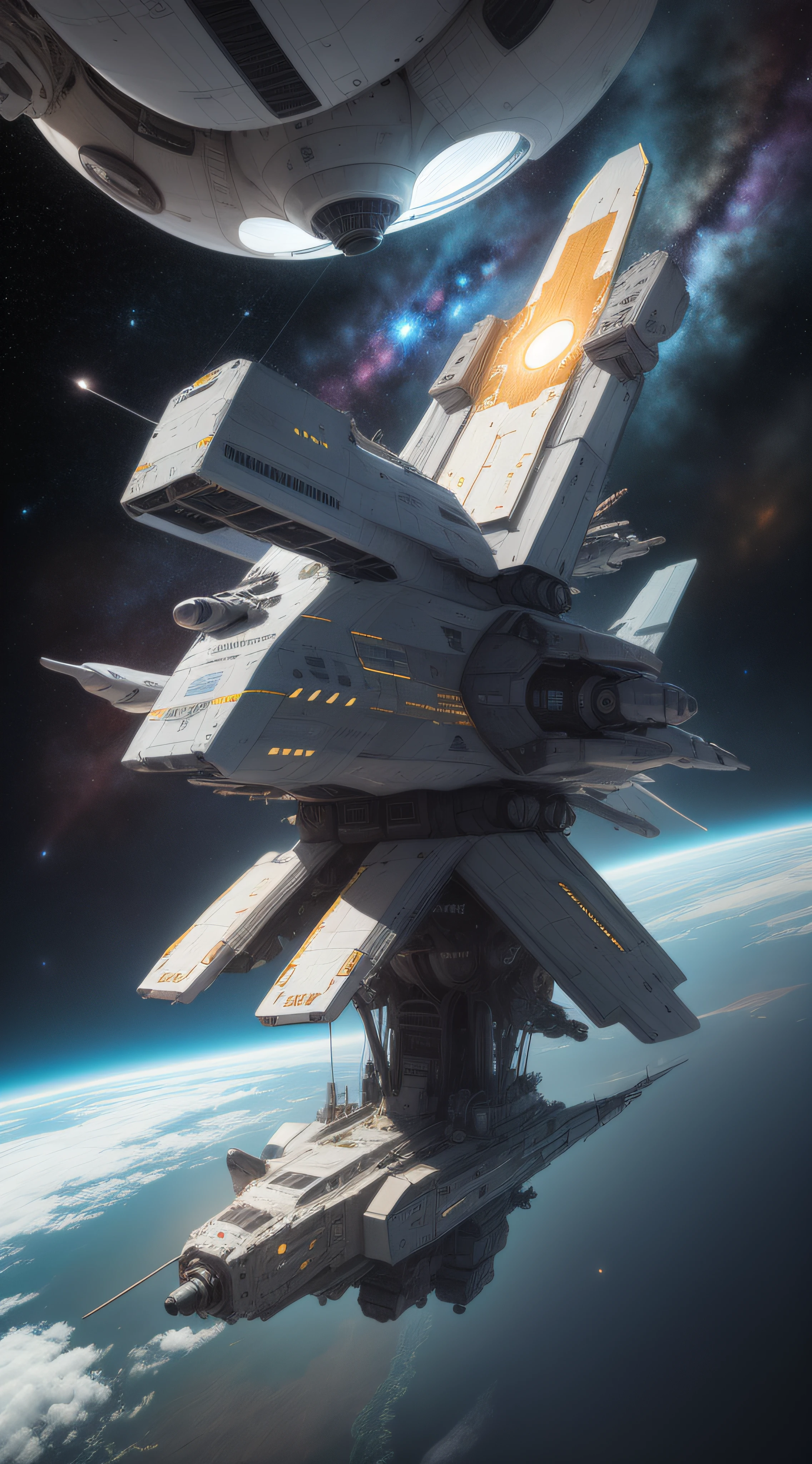 concept -art RetroFuturismAI: Wedge-shaped spaceship, Dark shades, Lots of parts on board, Signs on the body, Superstructure, command post, in space against the backdrop of a spiral galaxy,