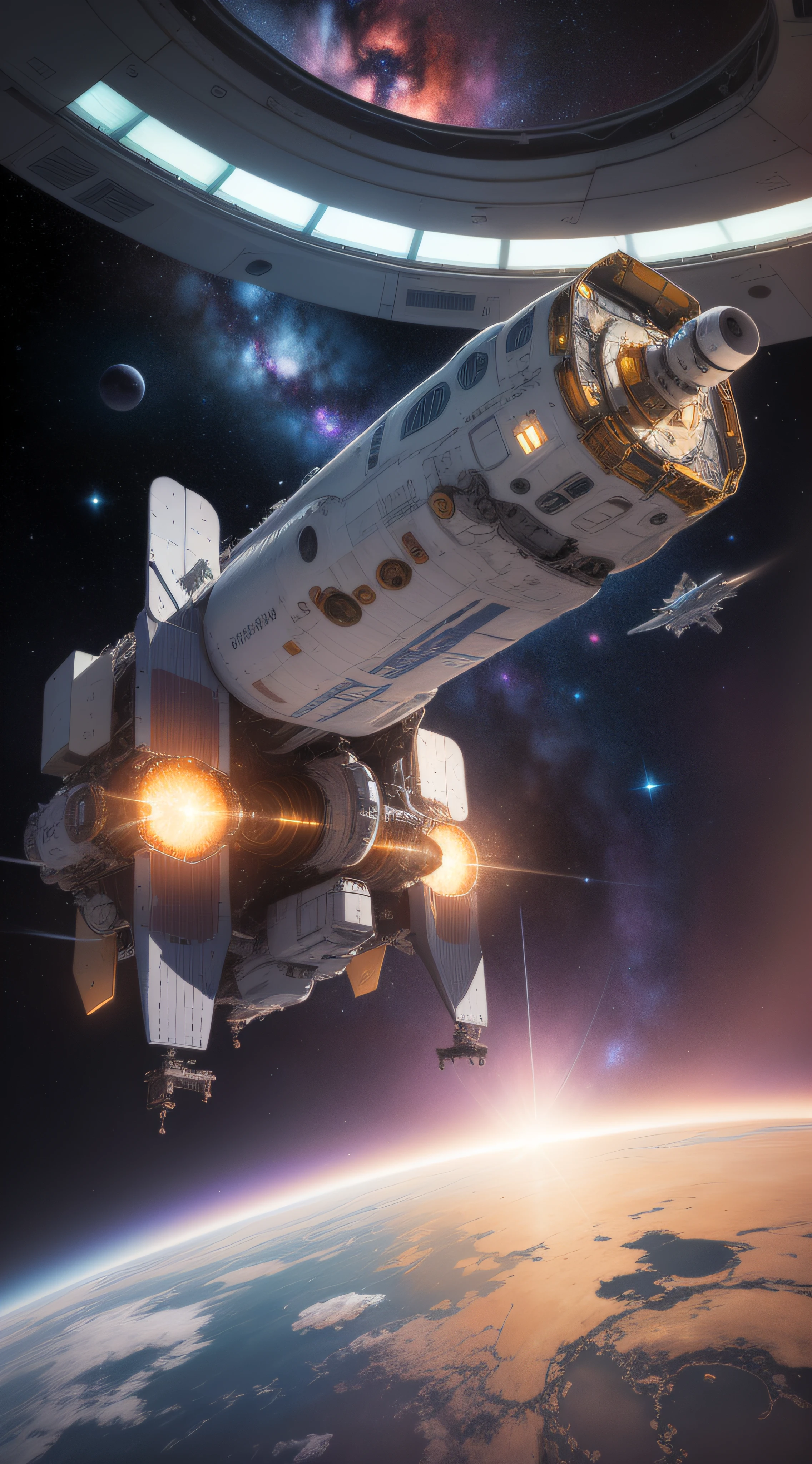 concept -art RetroFuturismAI: Spaceship in space against the background of a spiral galaxy, Astronauts.