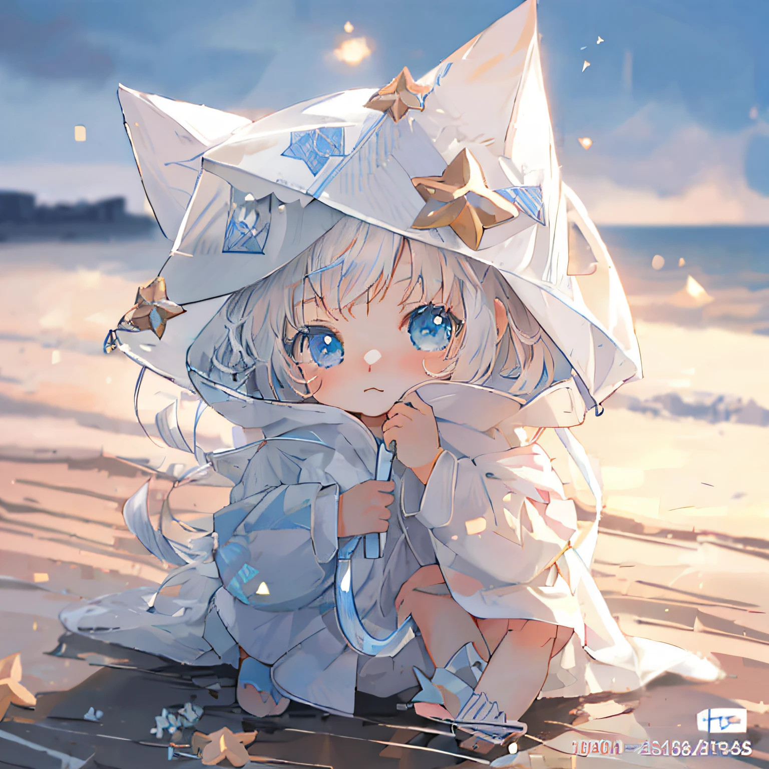 Anime girl sitting on beach in white hat and blue eyes, cute anime catgirl, Cute anime, Cute detailed digital art, very beautiful cute catgirl, lovely art style, Very beautiful anime cat girl, beautiful anime catgirl, cute artwork, adorable digital art, White Cat Girl, Guviz-style artwork, Cute!! tchibi!!! cat woman