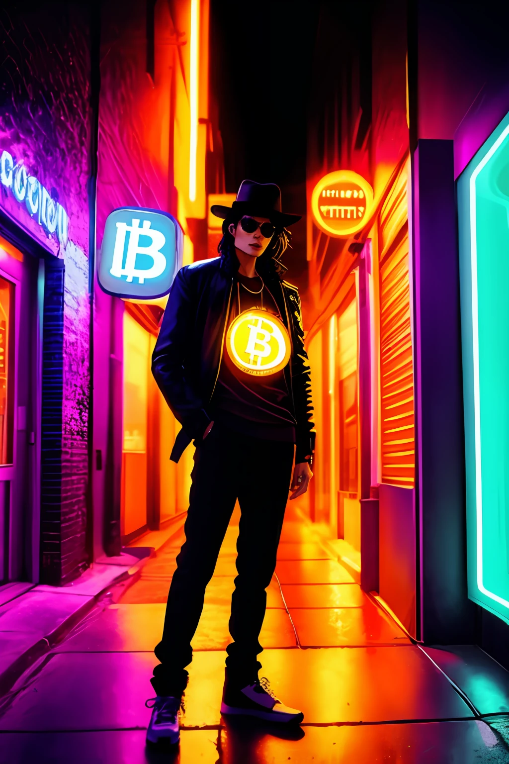 A stylized image of Michael Jackson in his iconic outfit with visible clear bitcoin logo on his chest, from the Billie Jean music video, standing on a glowing sidewalk in a dark alleyway holding bitcoin, surrounded by shadows and neon lights.
Michael Jackson appears in the image, wearing his iconic outfit having bitcoin on it from the Billie Jean music video. He stands on a glowing sidewalk in a dark alleyway holding bitcoin, surrounded by shadows and neon lights. The image is stylized, with bold lines and vibrant colors that capture the energy and mood of the music video.
--ar 16:9 50 --s 2