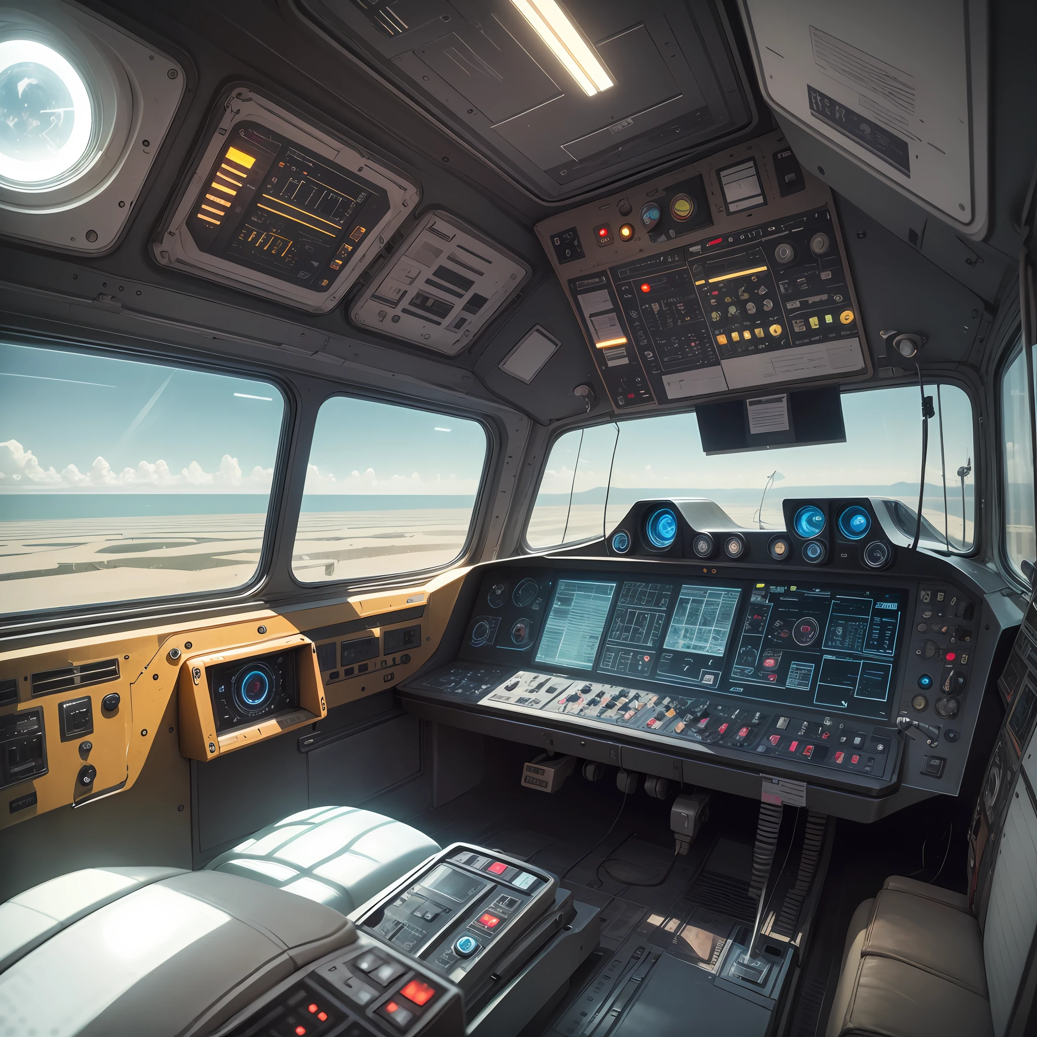 Pilot inside his spaceship facing the vintage control panel of his spaceship, realistic image, HD, --auto --s2