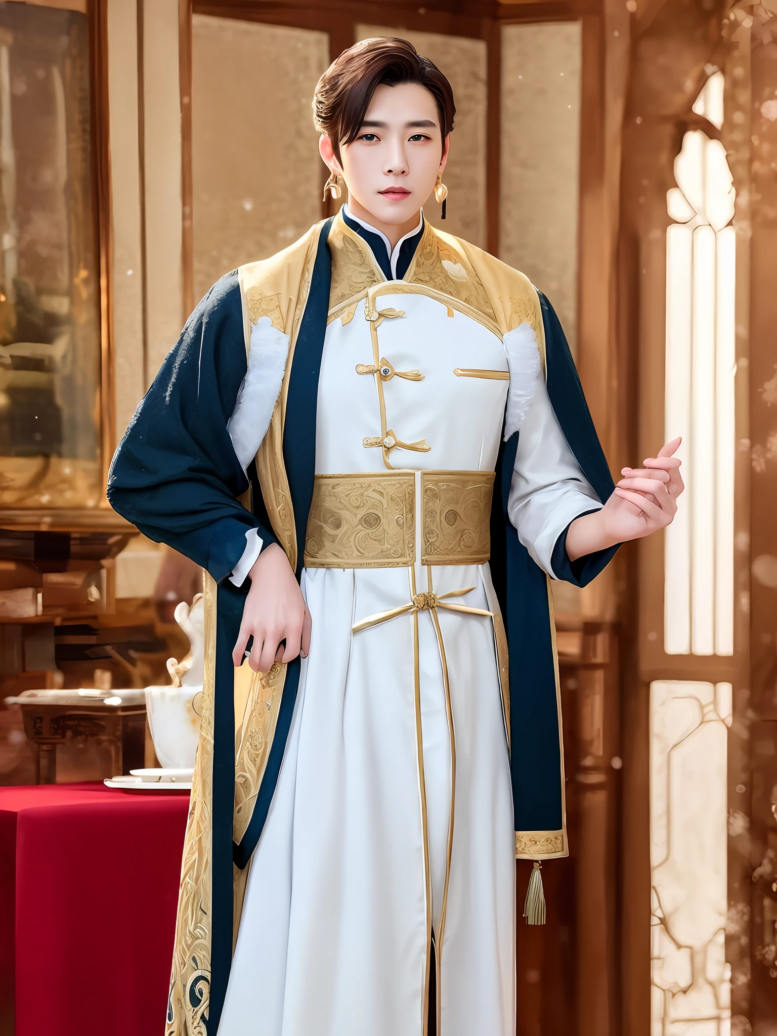 Handsome man,Red high ponytail,Green eyes,Snow-white skin,Fairy air fluttering,period costume,New Chinese,Beautifully dressed,Very tall,long fingernails,Lots of stud earrings,A lip stud,Three hairpins,Nice light,Handsome male,Antique handsome guy