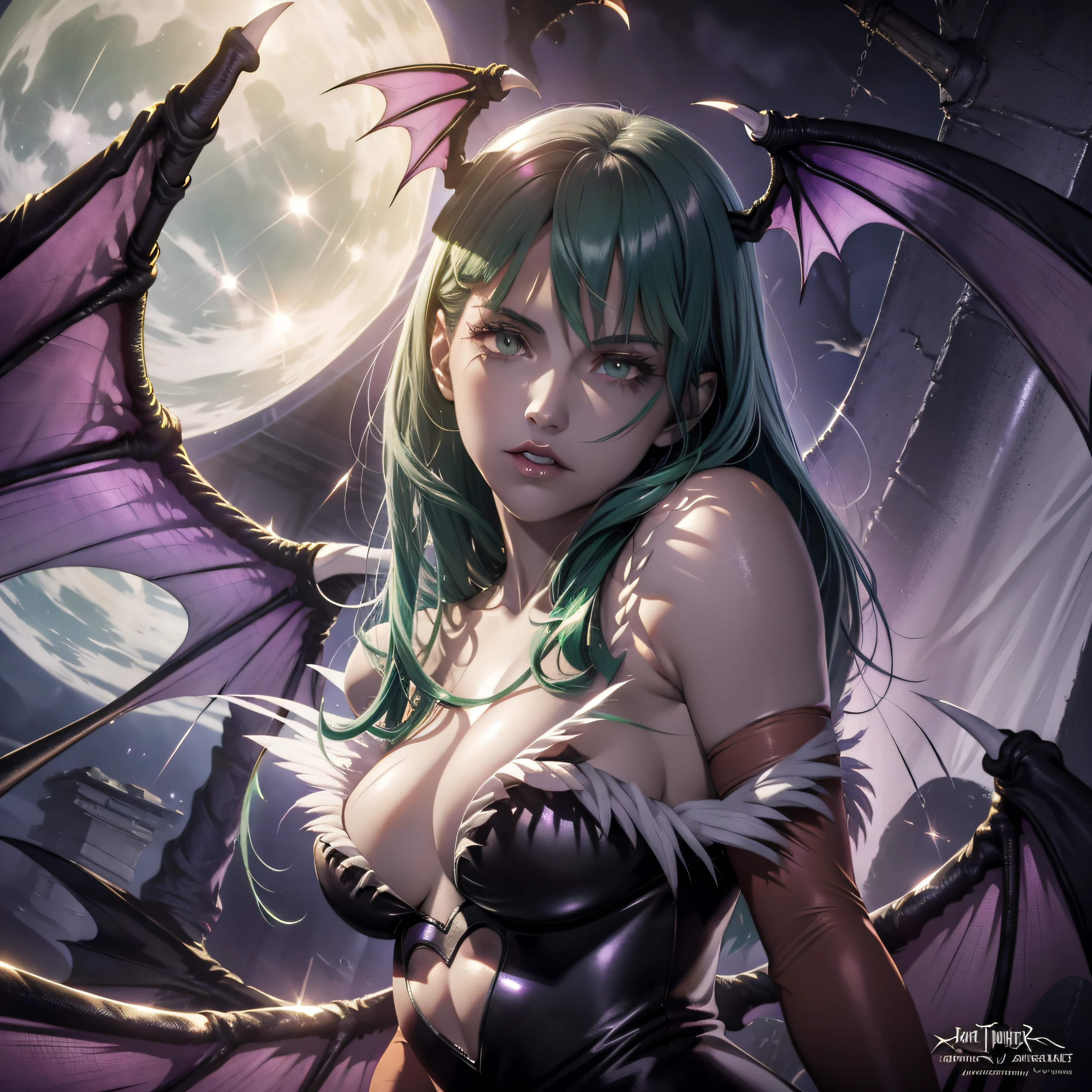 (Morrigan Aensland detailed line art, dark stalker), attractive expression, golden glowing eyes, dark eyeshadow, moonlight, symmetrical, (Dutch angle shot: 1.5) Digital painting, concept art, Borminetrik lighting, Tanvir Tamim, metal reflection, 2D rendering, 8k.